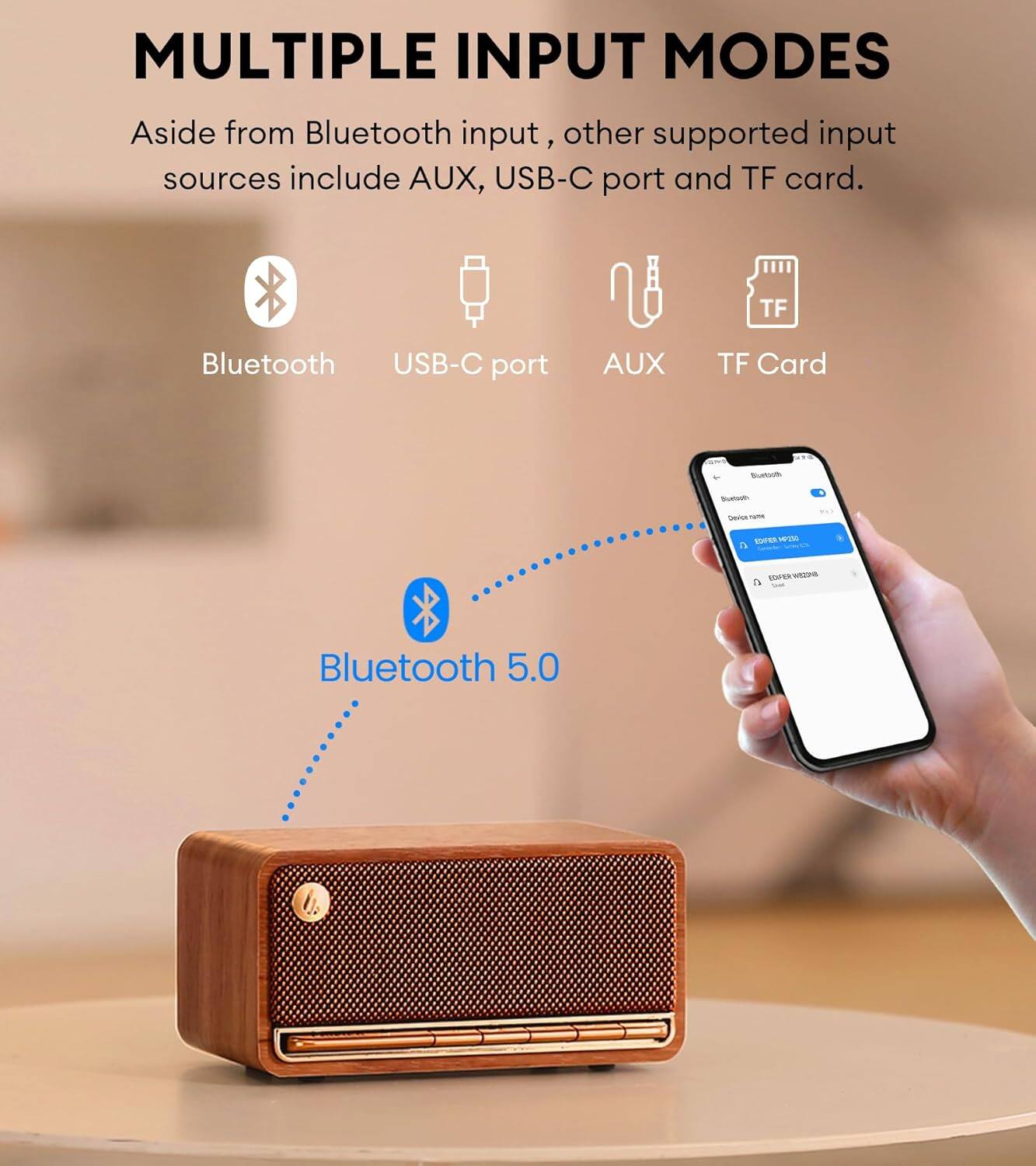 Multiple Input Modes: Aside from Bluetooth input, other supported input sources include AUX, USB-C port, and TF card.