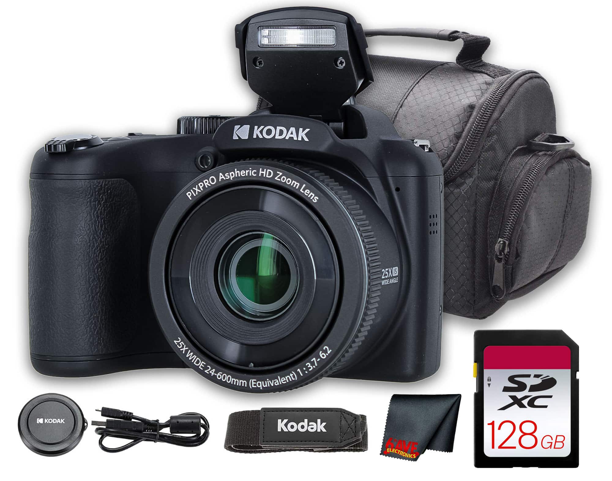 Kodak - PIXPRO AZ255 Digital Camera (Black) (AZ255BK) + 128GB Card + Bag + Cloth