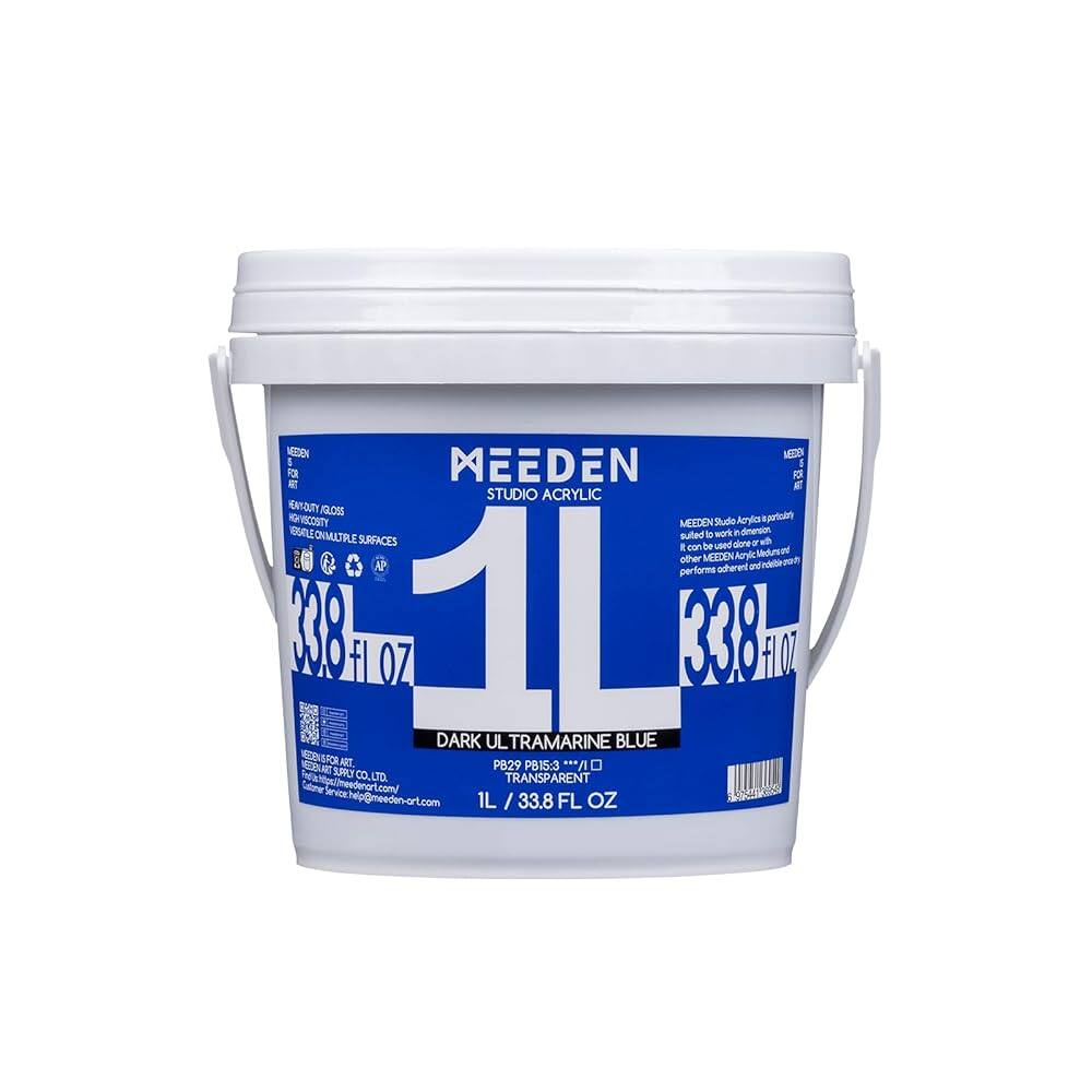 NEEDEN FOR MEEDEN STUDIO ACRYLIC HENYOUTY va.ces INSISTY MEEDEN Studo Apyla in poricitaty ONMULTRE sulted work dimersion SURFACES e con be dane-a other MEEDEN AP performs ocherent and 10g fl OZ 1L 3338 HIGH DARK UL TRAMARINE BLUE ARD. PB29 PBIS:3 " SUPPLY CO.LTD. TRANSPARENT Service.help@help@meeden-art.com 1L / 33.8 FL OZ