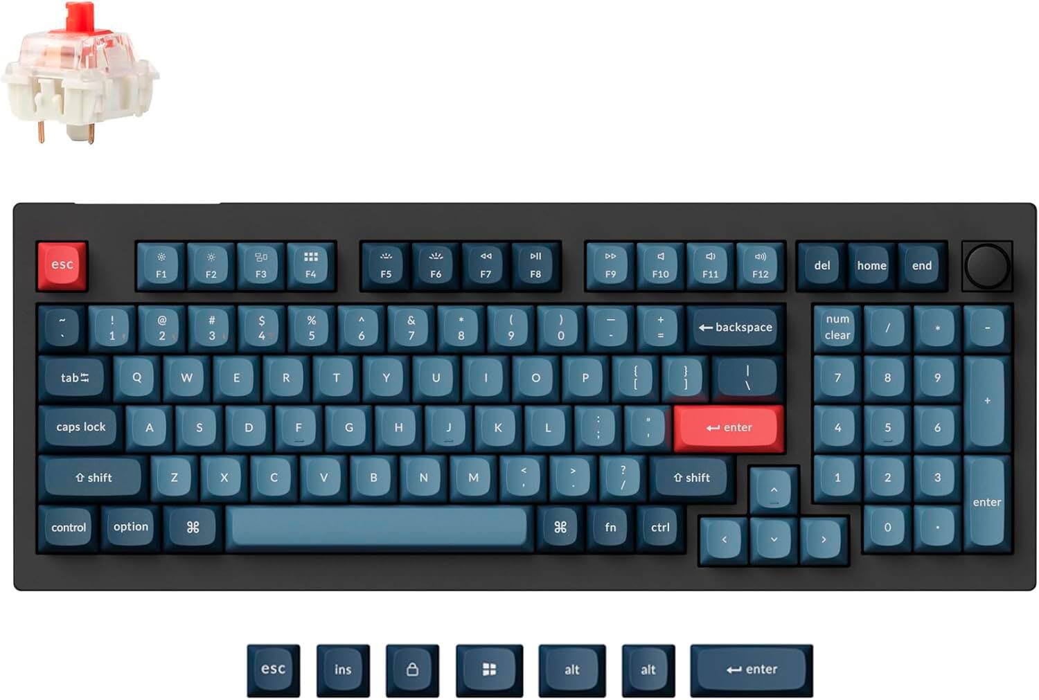 The image shows a blue keyboard with a red key in the middle. The keys are labeled with numbers and symbols, including the numbers 1 through 9, the symbols +, -, and =, and the letters A, S, D, F, G, H, J, L, and Z. The keyboard also has a red key in the middle, which is likely the "enter" key. Additionally, there are two small keyboards in the image, one on the left and one on the right.