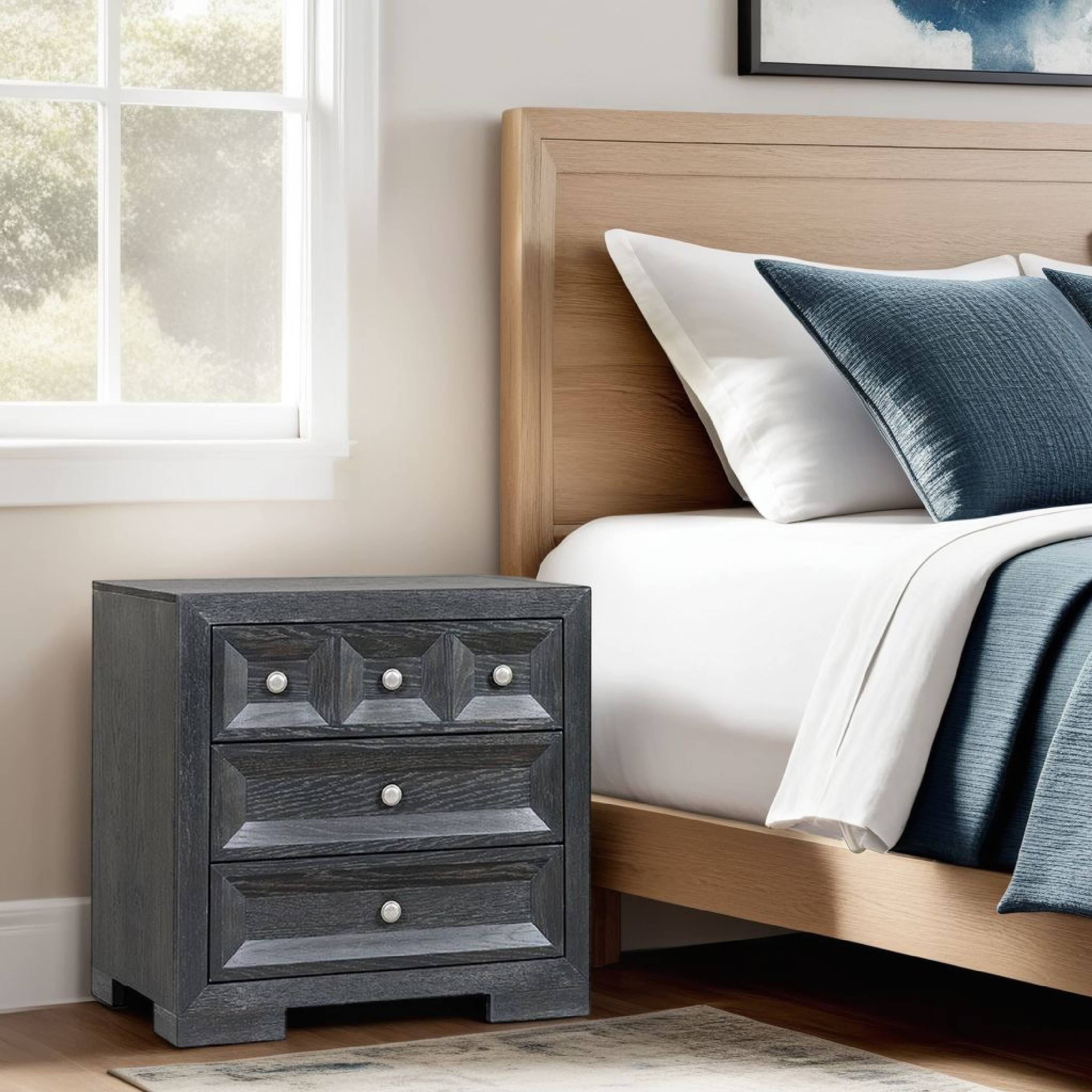 Alt View 5. Manhattan Lane - Kizie Oversized Nightstand, USB A-C, 3 Drawer, 38 Inch Weathered Black - Weathered Black.