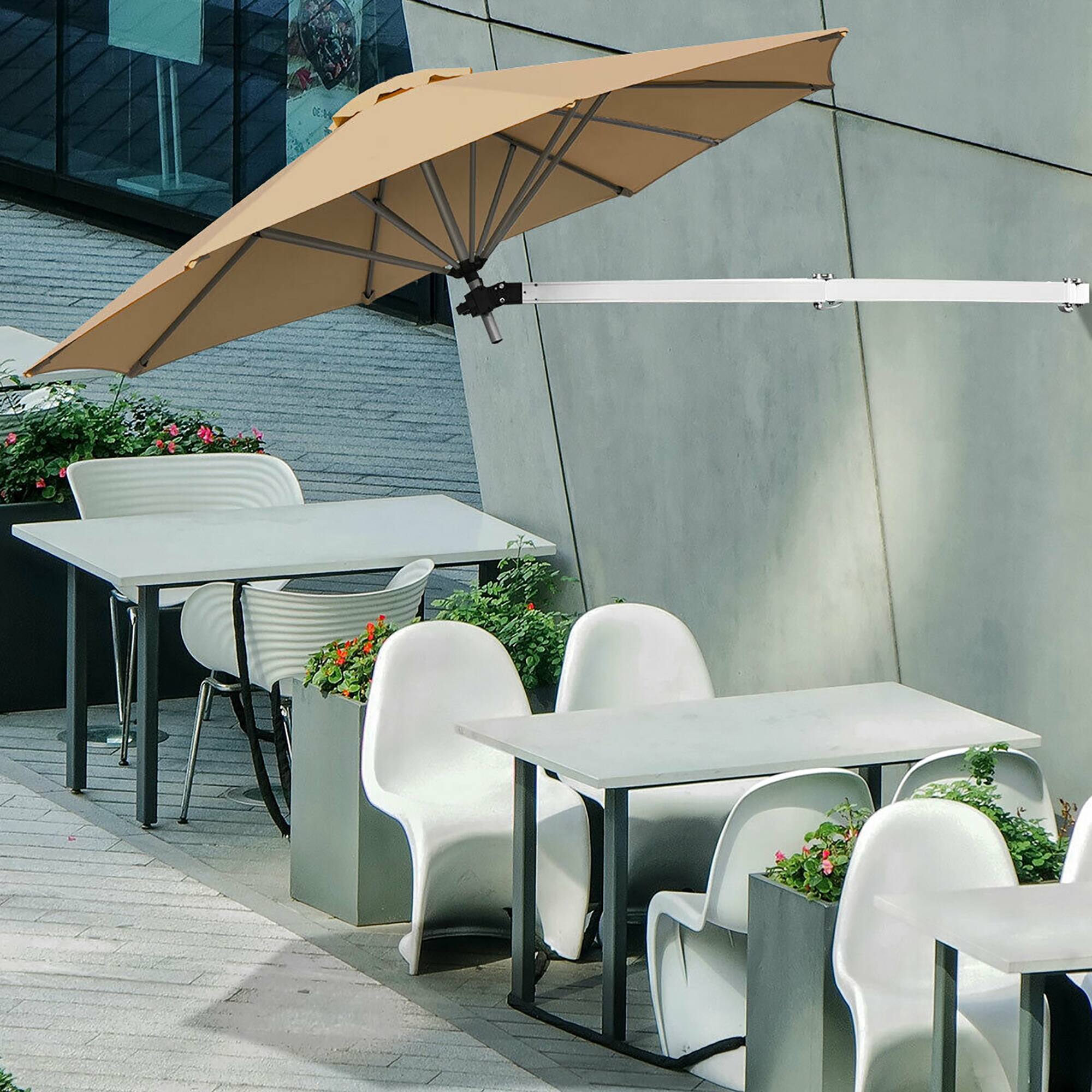 Alt View 4. Costway - Costway 8ft Wall-Mounted Umbrella Telescopic Folding Tilt Sun Shade - Beige.