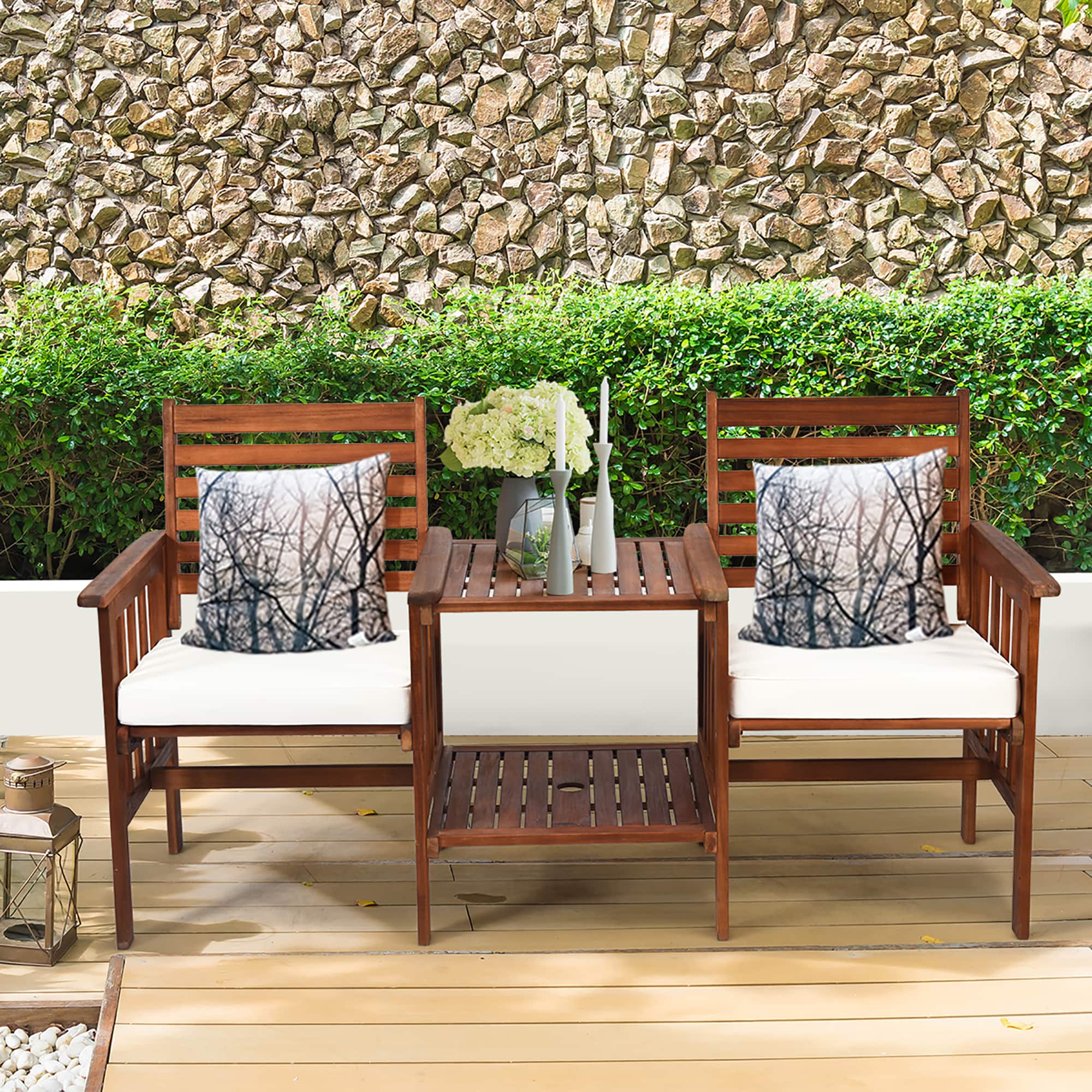 Costway - Patio Loveseat Conversation Set Acacia Wood Chair Coffee Table Cushioned - White