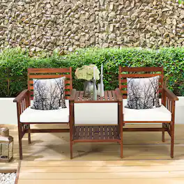 Costway - Patio Loveseat Conversation Set Acacia Wood Chair Coffee Table Cushioned - White