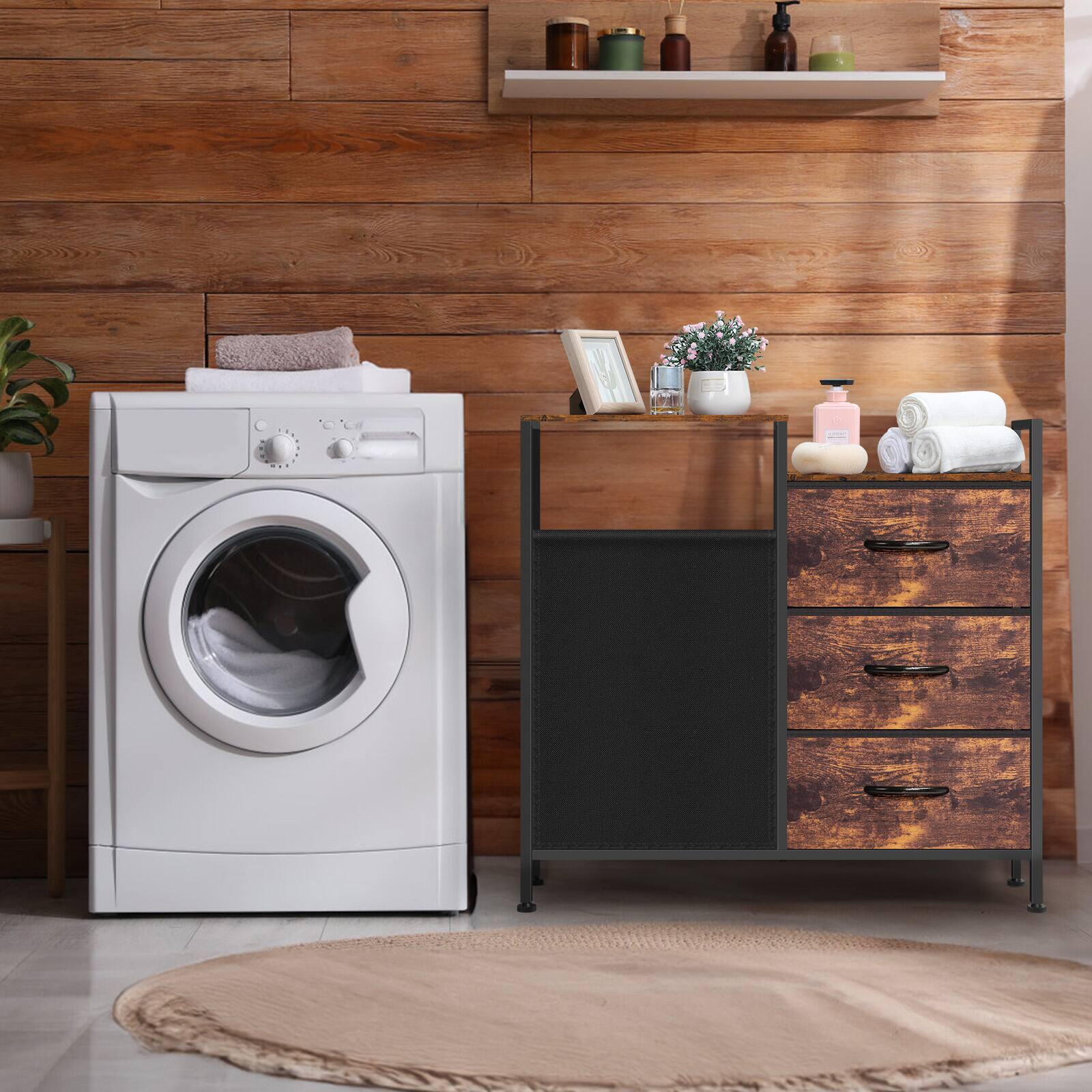 Back. Oumilen - Rustic Brown Laundry Hamper with 3 Fabric Drawers and Wooden Tabletop - Brown.