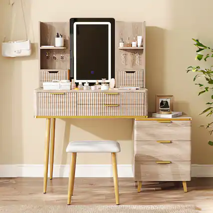 Front. GOODSILO - Elegant 7-Drawer Vanity Desk with LED Mirror and Jewelry Storage, Fluted Makeup Table and Comfortable Stool - Yellow Brown.