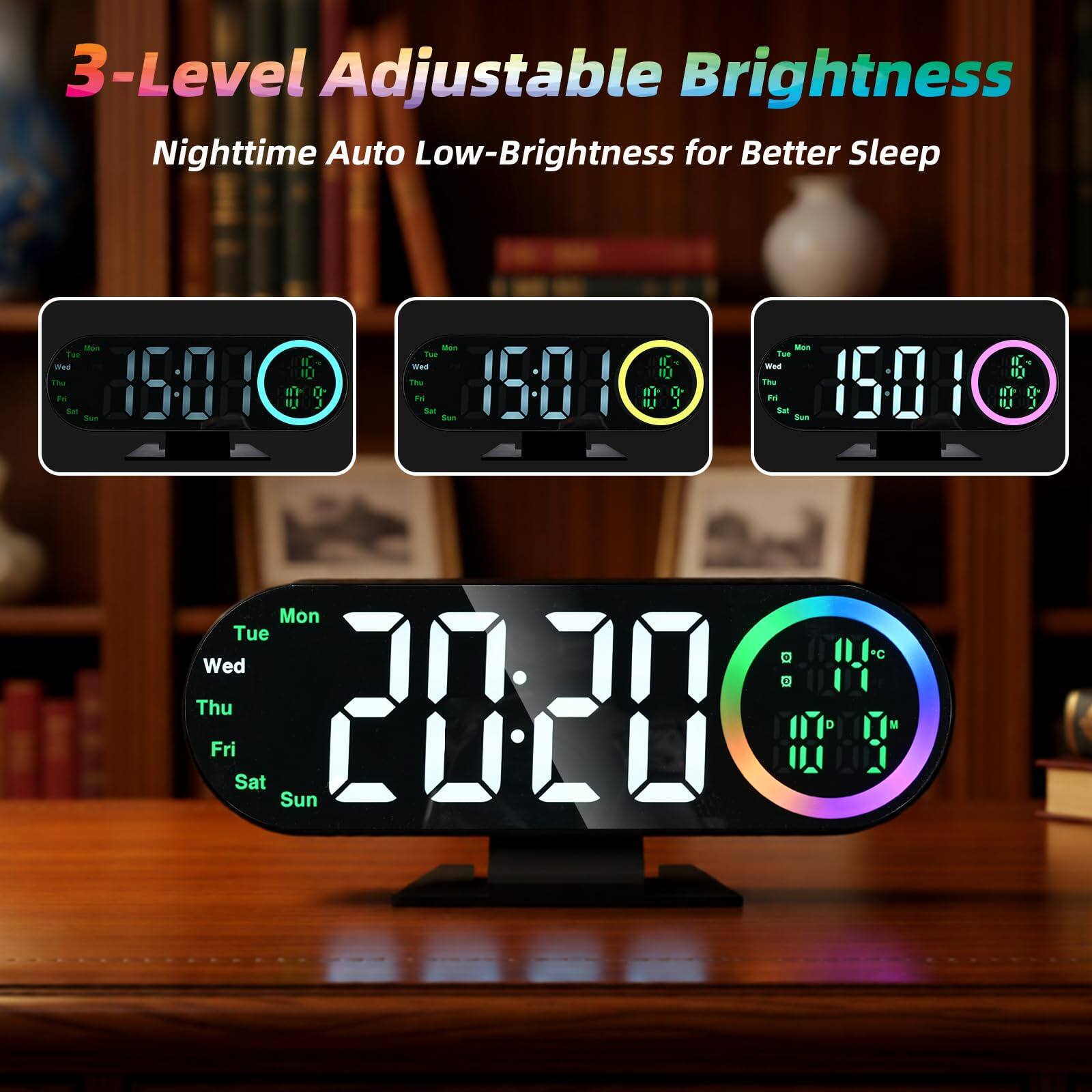 3-Level Adjustable Brightness Nighttime Auto Low-Brightness for Better Sleep