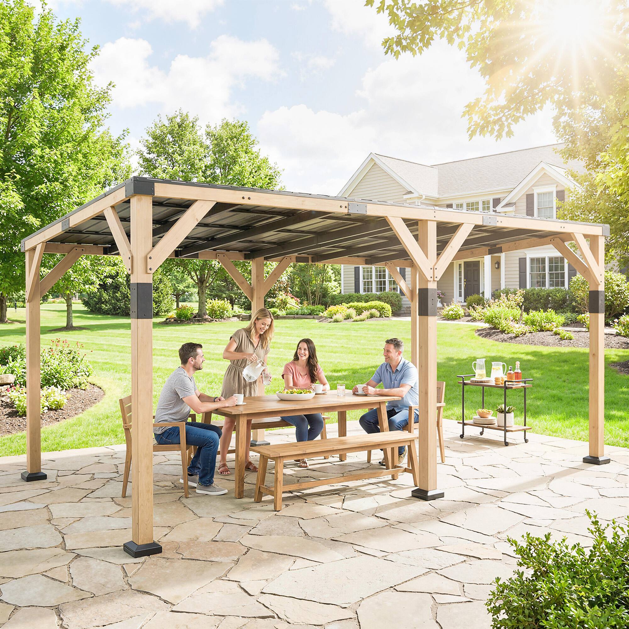 Alt View 7. Outsunny - 10' x 20' Wooden Gazebo, Hardtop Lean-to Gazebo Pergola with Galvanized Steel Sloped Roof.