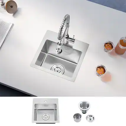 Front. Akicon - Akicon 15 in. Drop-in Single Bowl 20-Gauge Silver Nano-Coated Kitchen Sink with Basket Strainer - Silver.