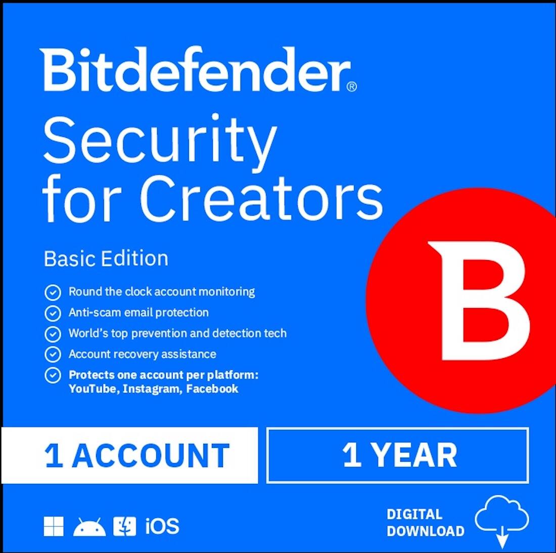 Bitdefender - Security For Creators 1 Account 1 Year - Windows, Apple iOS, Mac OS, Android, Linux [Digital]