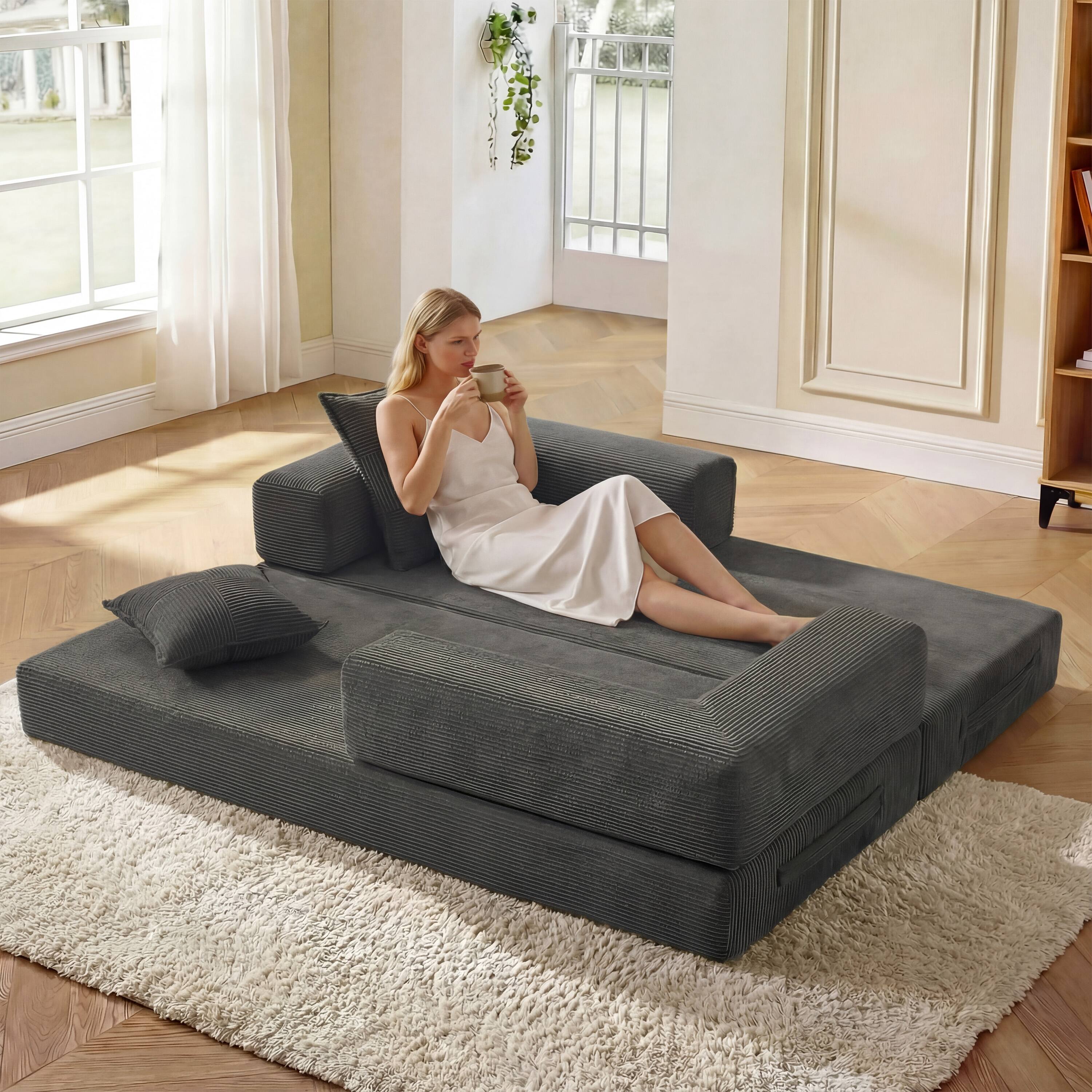 Back. Dyonery - 78.74" Sectional Modular Sofa Bed, Boneless Loveseat Couch with Armrest for Living Room Bedroom Guest Room - Gray.