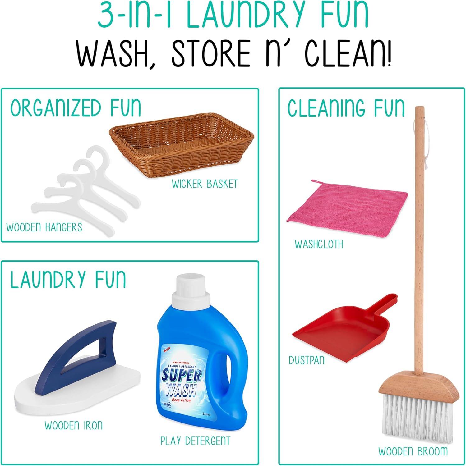 3-I-1 LAUNDRY FUN WASH, STORE n' CLEAN! ORGANIZED FUN CLEANING FUN WICKER BASKET WOODEN HANGERS WASHCLOTH LAUNDRY FUN WOODEN IRON PLAY DETERGENT CLEANING FUN WASHCLOTH DUSTPAN WOODEN BROOM