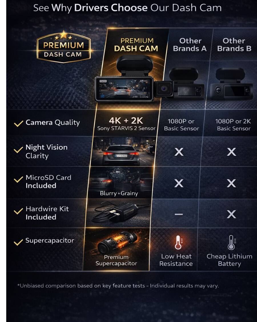 See Why Drivers Choose Our Dash Cam

PREMIUM DASH CAM

Other Brands A

Other Brands B

- Camera Quality
  - 4K + 2K
  - Sony STARVIS 2 Sensor
  - 1080P or Basic Sensor
  - 1080P or 2K Basic Sensor

- Night Vision Clarity
  - E
  - X
  - X

- MicroSD Card Included
  - X
  - X
  - X

- Hardwire Kit Included
  - X
  - X
  - X

- Supercapacitor
  - Premium Supercapacitor
  - Low Heat Resistance
  - Cheap Lithium Battery

*Unbiased comparison based on key feature tests - Individual results may vary.