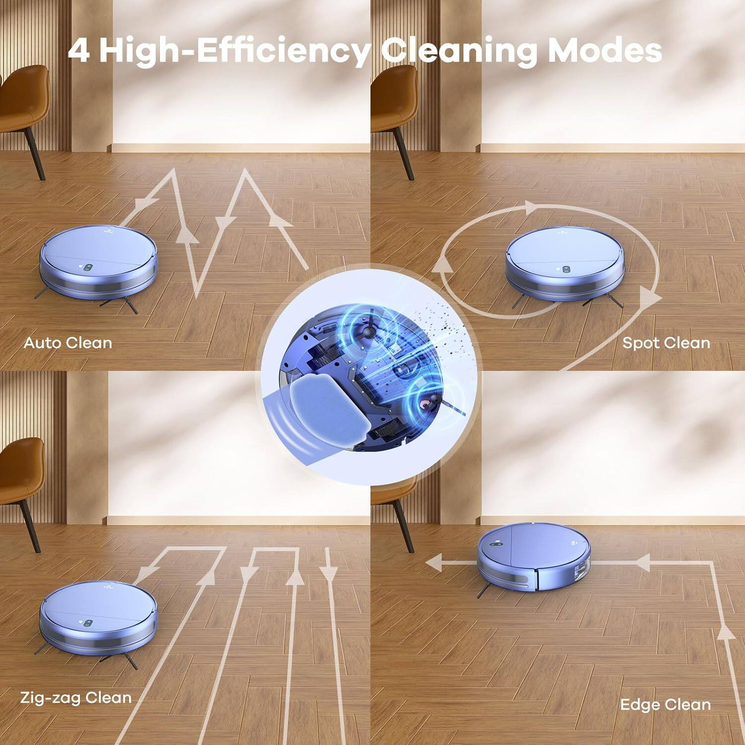 4 High-Efficiency Cleaning Modes: Auto Clean, Spot Clean, Zig-zag Clean, Edge Clean
