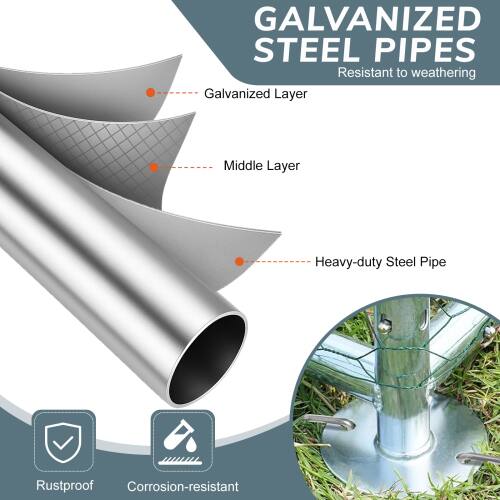 GALVANIZED STEEL PIPES  
Resistant to weathering  

- Galvanized Layer  
- Middle Layer  
- Heavy-duty Steel Pipe  

Rustproof  
Corrosion-resistant