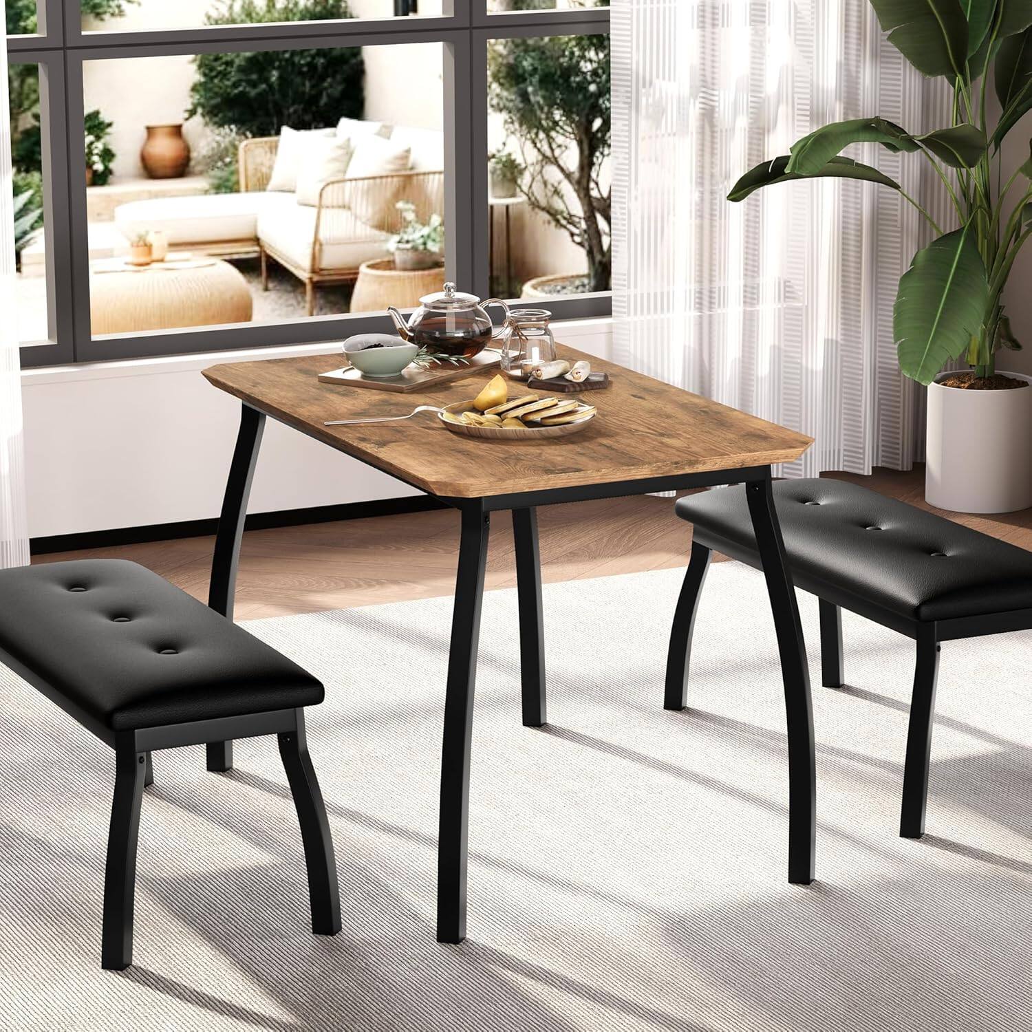 Alt View 1. Qeetex - 3-Piece Farmhouse Table Set with 2 Benches, Compact 4-Seater for Small Spaces - Brown.