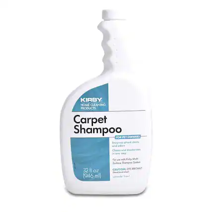 KIRBY HOME CLEANING PRODUCTS
Carpet Shampoo FOR PET OWNERS
Enzymes attack stains and odors
Cleans and deodorizes in one step
32 fl oz (946 ml)
For use with Kirby Multi-Surface Shampoo System
CAUTION: EYE IRRITANT (Read back label)
Lavender Scent