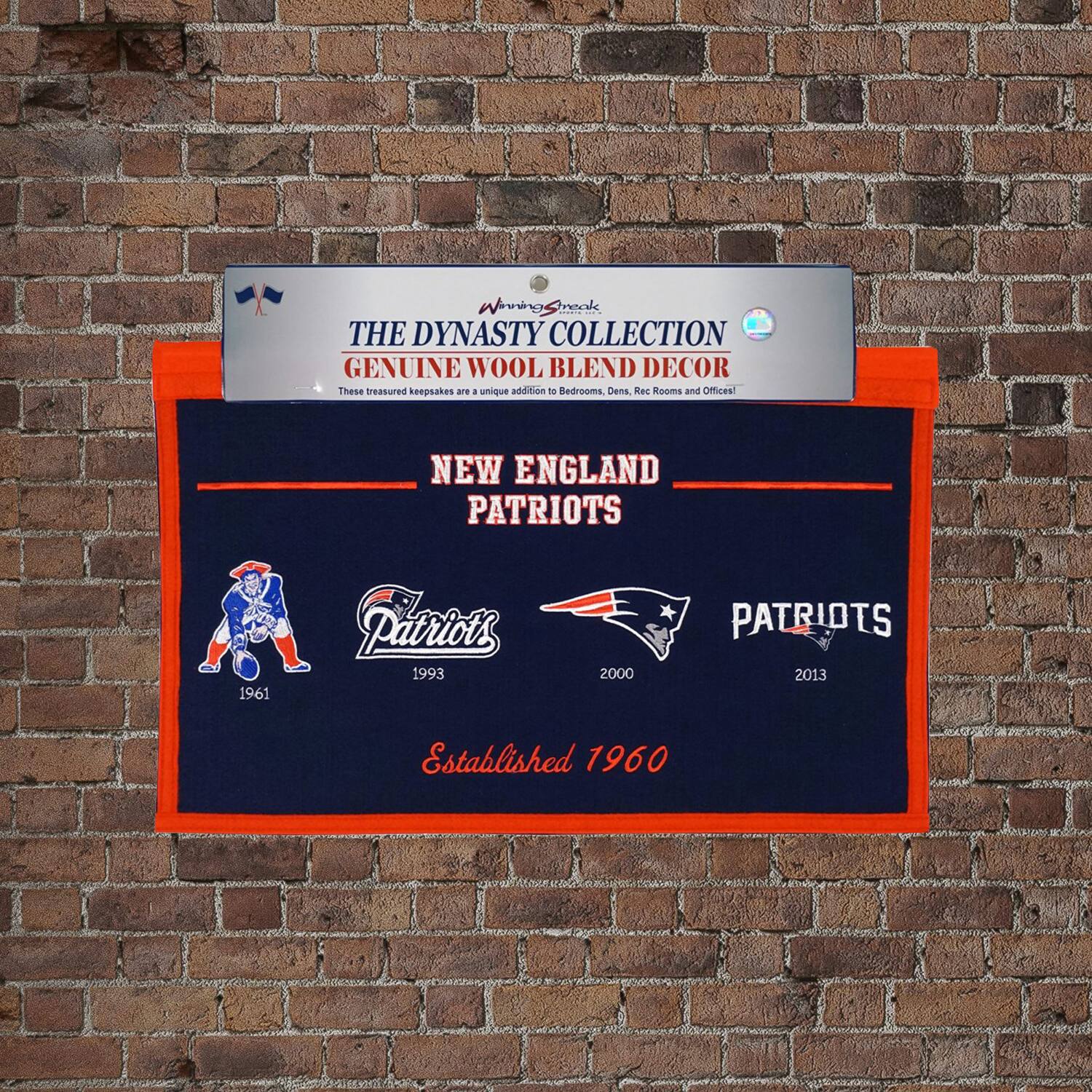 **The Dynasty Collection**  
Genuine Wool Blend Decor  
These treasured keepsakes are a unique addition to Bedrooms, Dens, Rec Rooms and Offices!

**New England Patriots**  
Established 1960

- 1961
- 1993
- 2000
- 2013