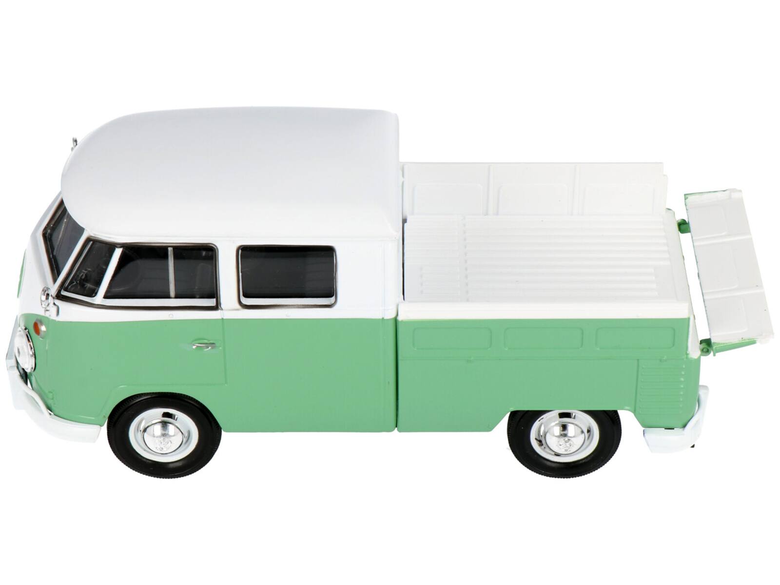 Alt View 1. Motormax - Volkswagen Type 2 (T1) Double Cab Pickup Truck White and Green 1/24 Diecast Model Car by Motormax.