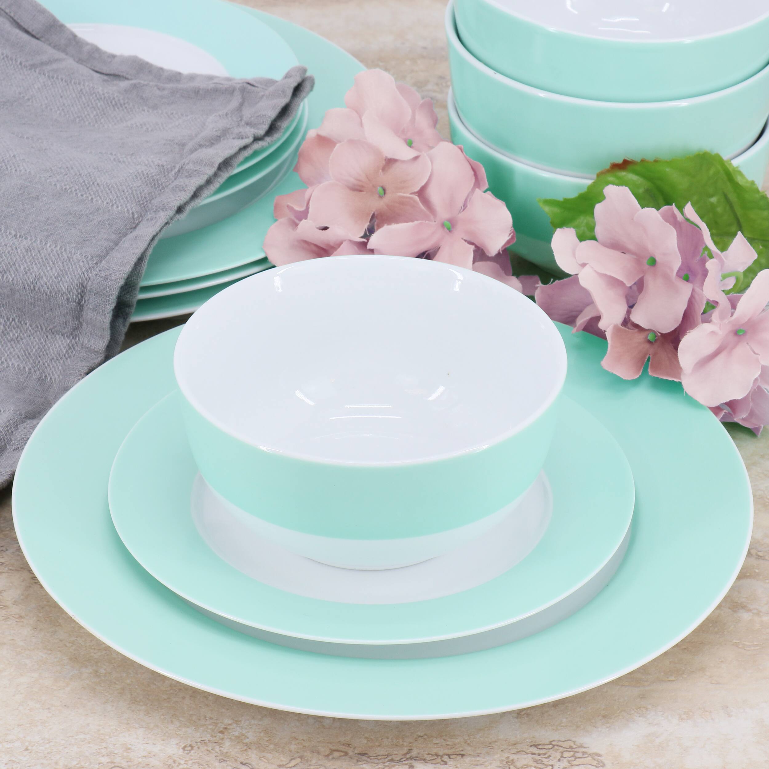 Alt View 6. Martha Stewart - Martha Stewart 12 Piece Banded Fine Ceramic Dinnerware Set in Baby Blue - Baby Blue.