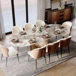 POVISON - 94"Hobart Modern Oval Dining Table for 8-10, Oval Glossy Sintered Stone Kitchen Table, Bronze Carbon Steel Base - Pandora