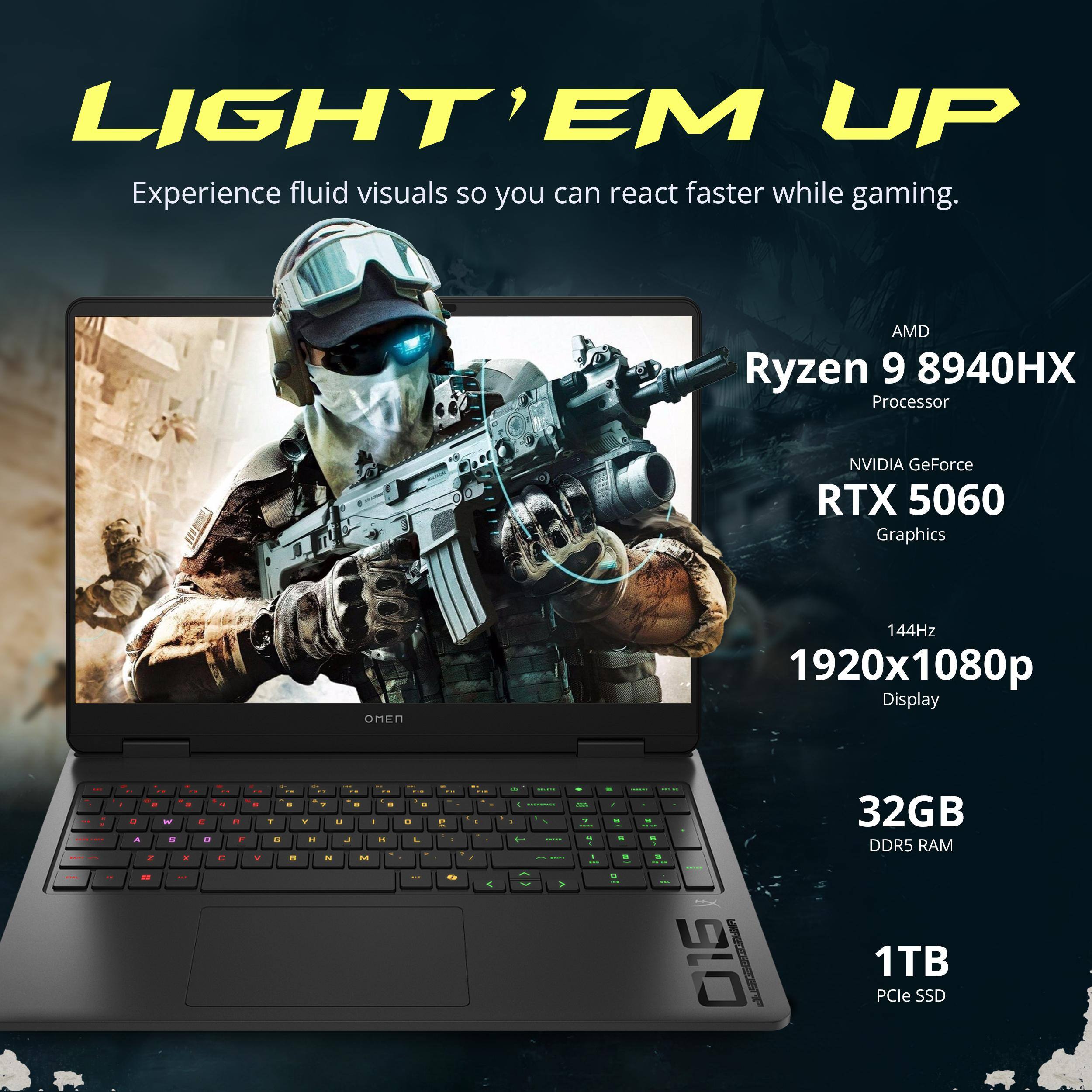 LIGHT'EM UP  
Experience fluid visuals so you can react faster while gaming.  

AMD Ryzen 9 8940HX Processor  
NVIDIA GeForce RTX 5060 Graphics  
144Hz 1920x1080p Display  
32GB DDR5 RAM  
1TB PCIe SSD
