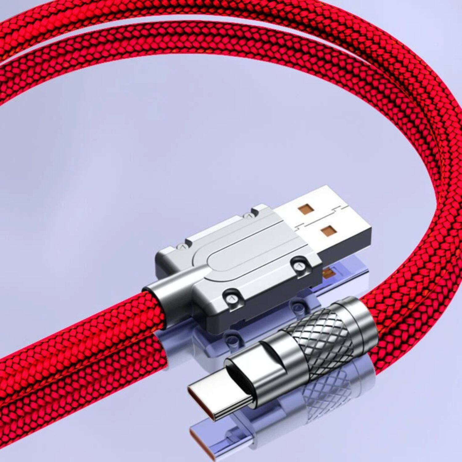 Left. Stock Preferred - USB-A to USB-C 3.3ft Fast Charger Cable – Red Nylon Braided 6A Data Sync Cord for Samsung, Huawei, LG.