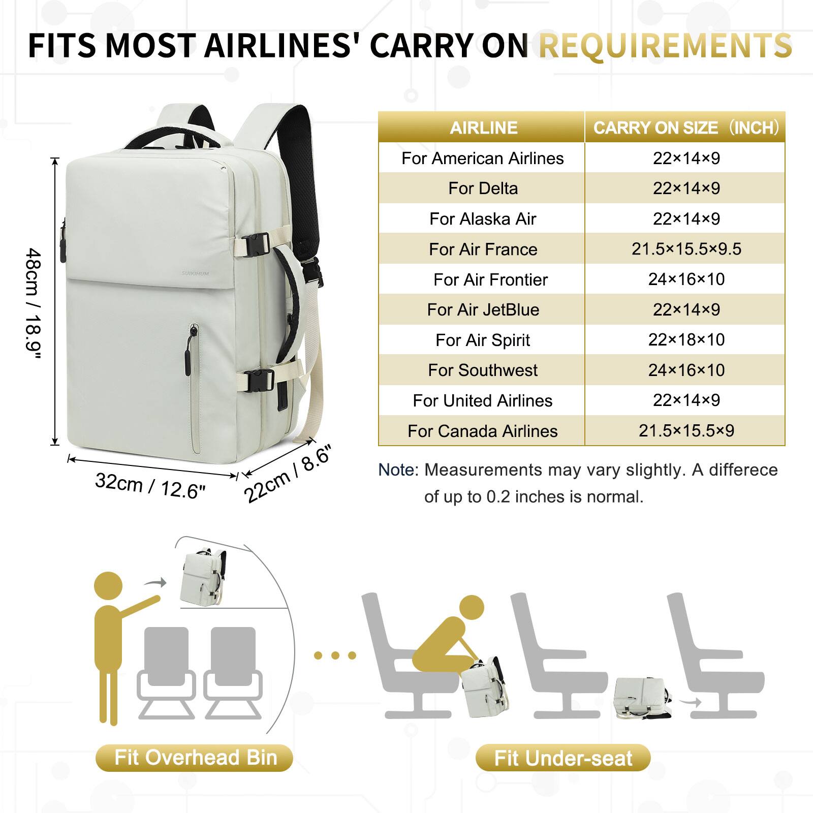 FITS MOST AIRLINES' CARRY ON REQUIREMENTS

AIRLINE | CARRY ON SIZE (INCH)

For American Airlines | 22x14x9

For Delta | 22x14x9

For Alaska Air | 22x14x9

For Air France | 21.5x15.5x9.5

For Air Frontier | 24x16x10

For Air JetBlue | 22x14x9

For Air Spirit | 22x18x10

For Southwest | 24x16x10

For United Airlines | 22x14x9

For Canada Airlines | 21.5x15.5x9

Note: Measurements may vary slightly. A difference of up to 0.2 inches is normal.

Fit Overhead Bin

Fit Under-seat