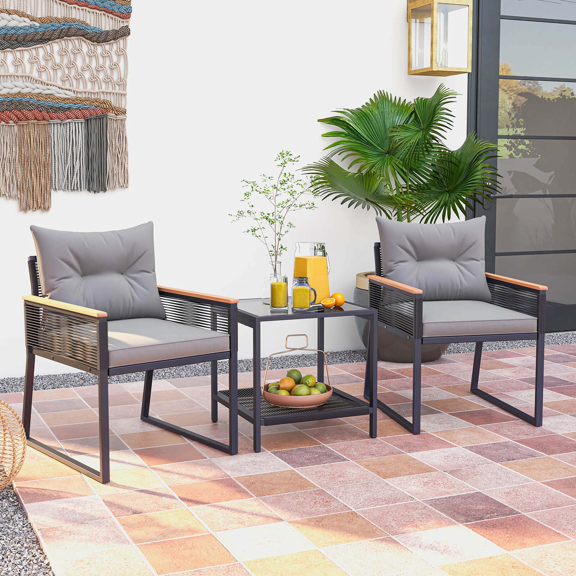Alt View 3. Costway - Costway 3 PCS Outdoor Conversation Set with 2-Layer Side Table Acacia Wood Armrests - Black,Gray.