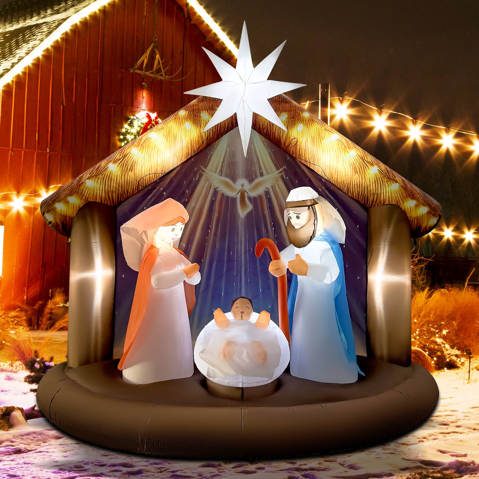 Left. GOOSH Inflatables - GOOSH 7.5FT Nativity Scene Inflatable with LED Lights for Outdoor Christmas Yard Display - Brown.