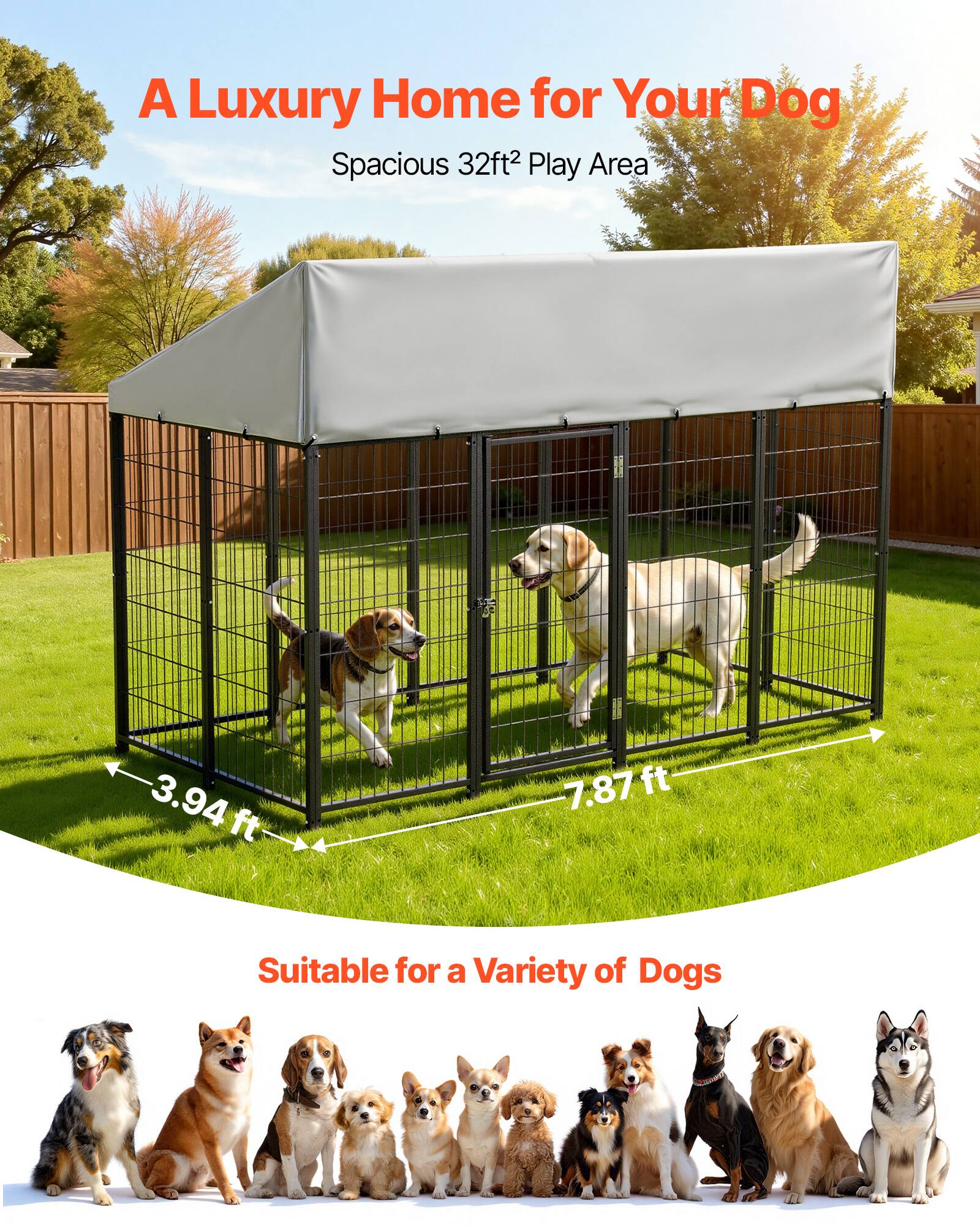 A Luxury Home for Your Dog  
Spacious 32ft² Play Area  
3.94 ft x 7.87 ft  
Suitable for a Variety of Dogs