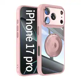 Dteck - Magnetic Case for Apple iPhone 17 Pro with Built-in Lens Protector, 360° Rotating Ring Stand Clear Shockproof Cover - Pink