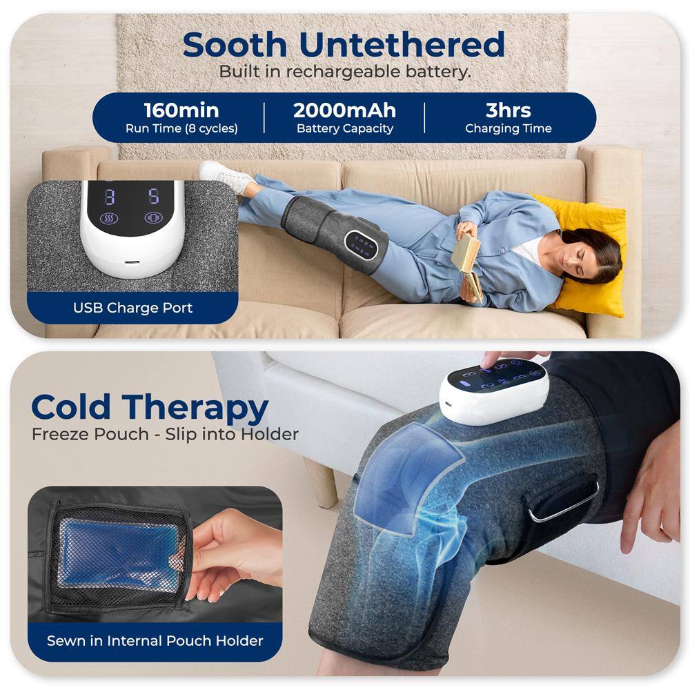 Sooth Untethered  
Built in rechargeable battery.  
160min Run Time (8 cycles)  
2000mAh Battery Capacity  
3hrs Charging Time  
USB Charge Port  

Cold Therapy  
Freeze Pouch - Slip into Holder  
Sewn in Internal Pouch Holder