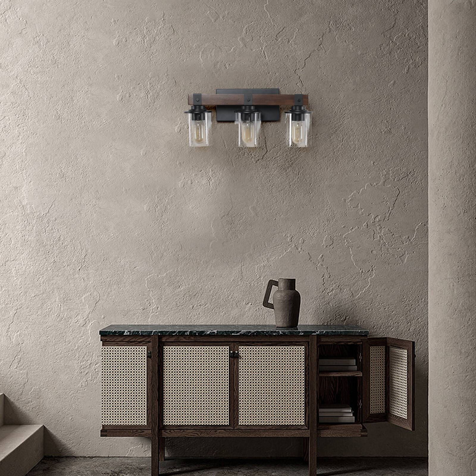 Alt View 2. APRILSOUL - 19 Inch Rustic 3-Light Vanity Light Industrial Bathroom Wall Sconce with Glass Shades and Wood Accent No Bulbs.
