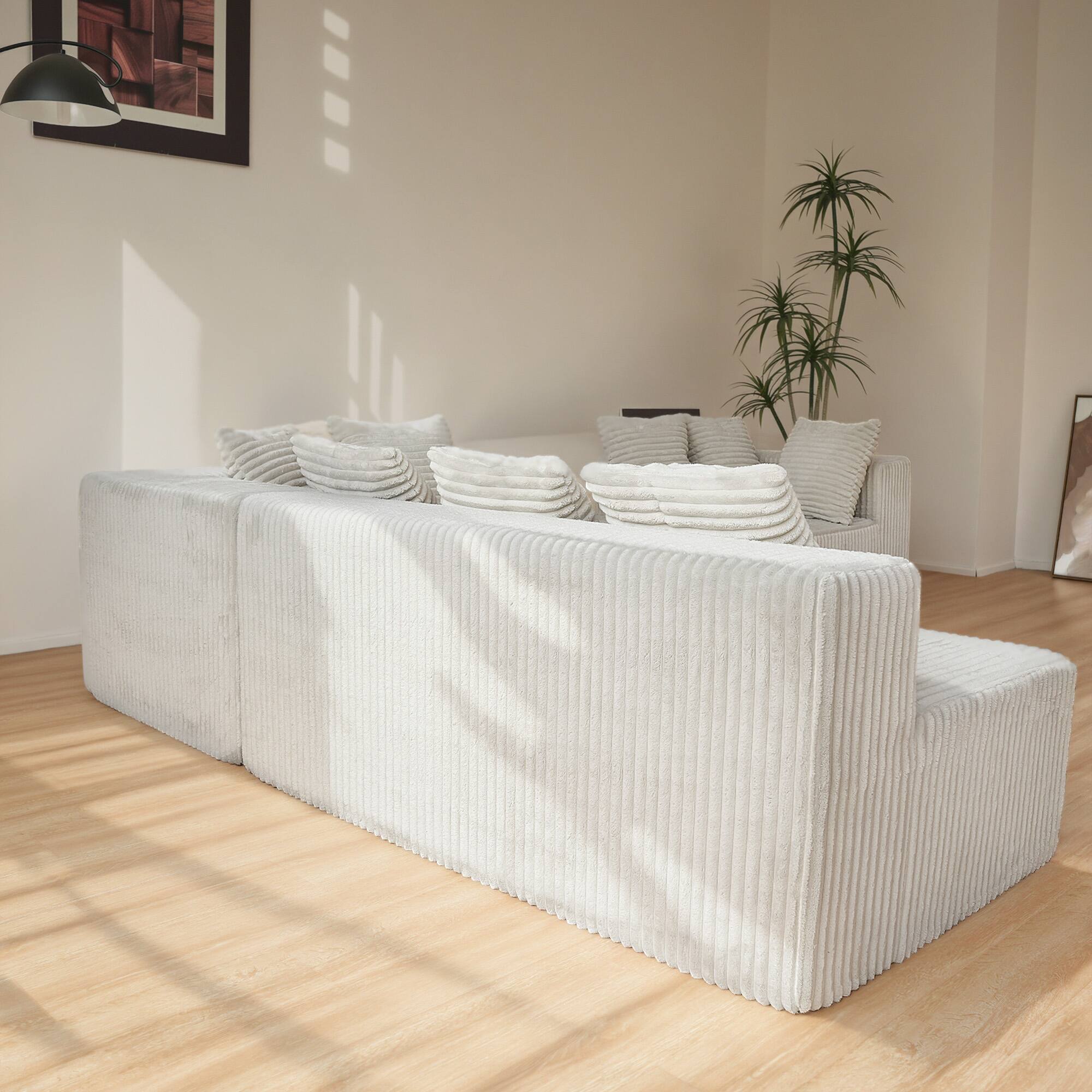Alt View 3. Meqiodas - 130" Boneless Couch, Cloud Couch Sectional, Corduroy Sofa for Living Room, U Shaped Modular Sofa, No Assembly - Beige.