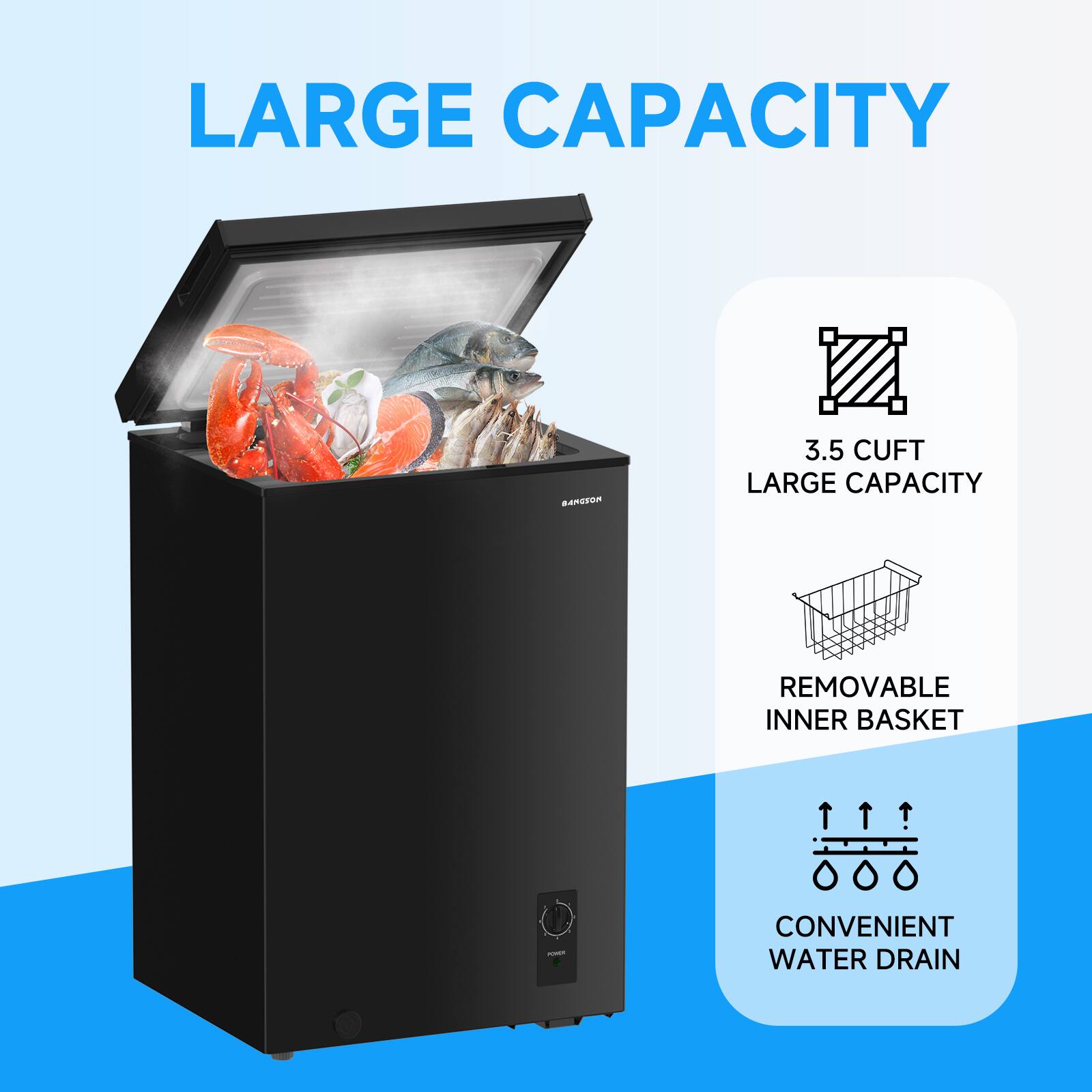 LARGE CAPACITY

3.5 CUFT LARGE CAPACITY

REMOVABLE INNER BASKET

CONVENIENT WATER DRAIN