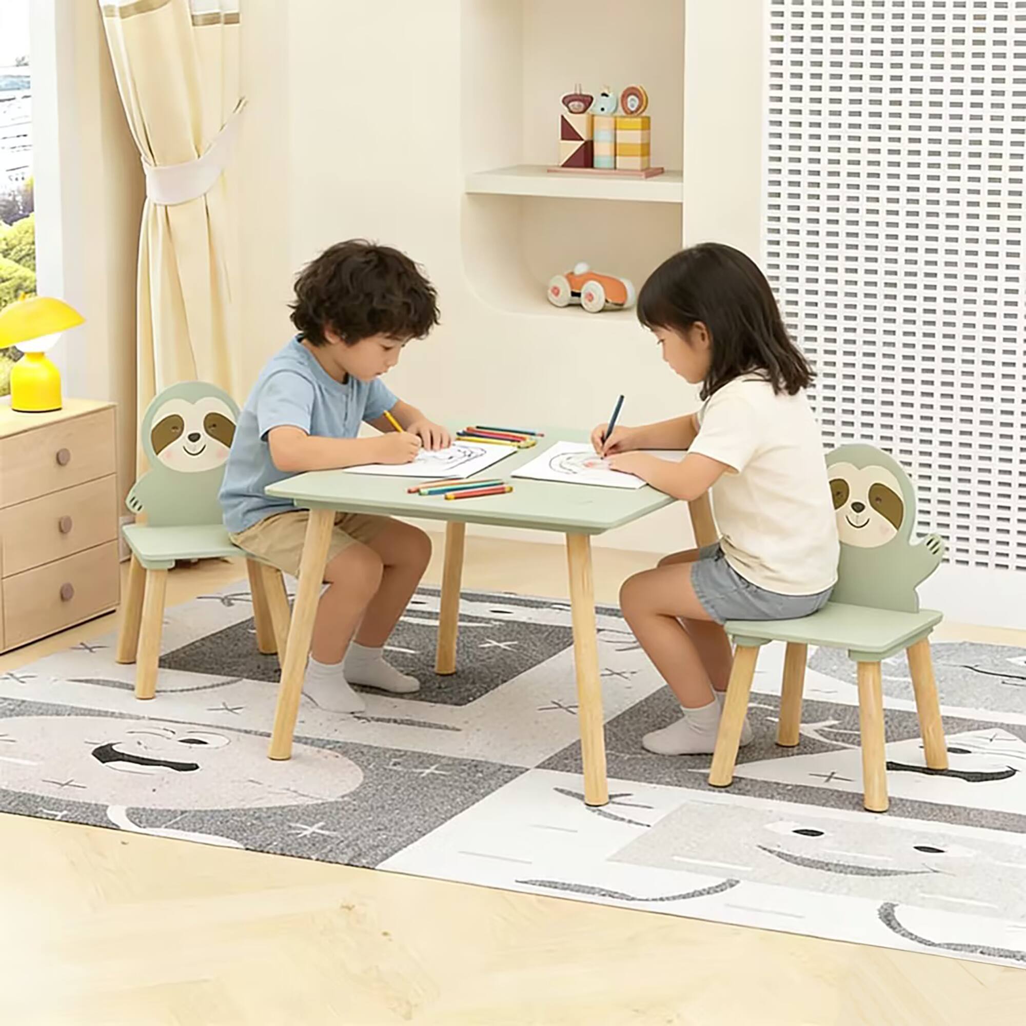 Alt View 2. Tiramisubest - Kids Table and Chair Set with 2 Cute Sloth Chairs,Wooden Toddler Activity Table,Cute Animal Design Play & Study Set - Natural Wood,Sage Green.