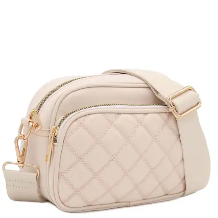 Front. Live At Space - Quilted Nylon Crossbody Bag With Wide Strap Dimensions: 7.5" (W) x 5" (H) x 3.5" (D)Zipper closure, Nylon body &tone - Nude.