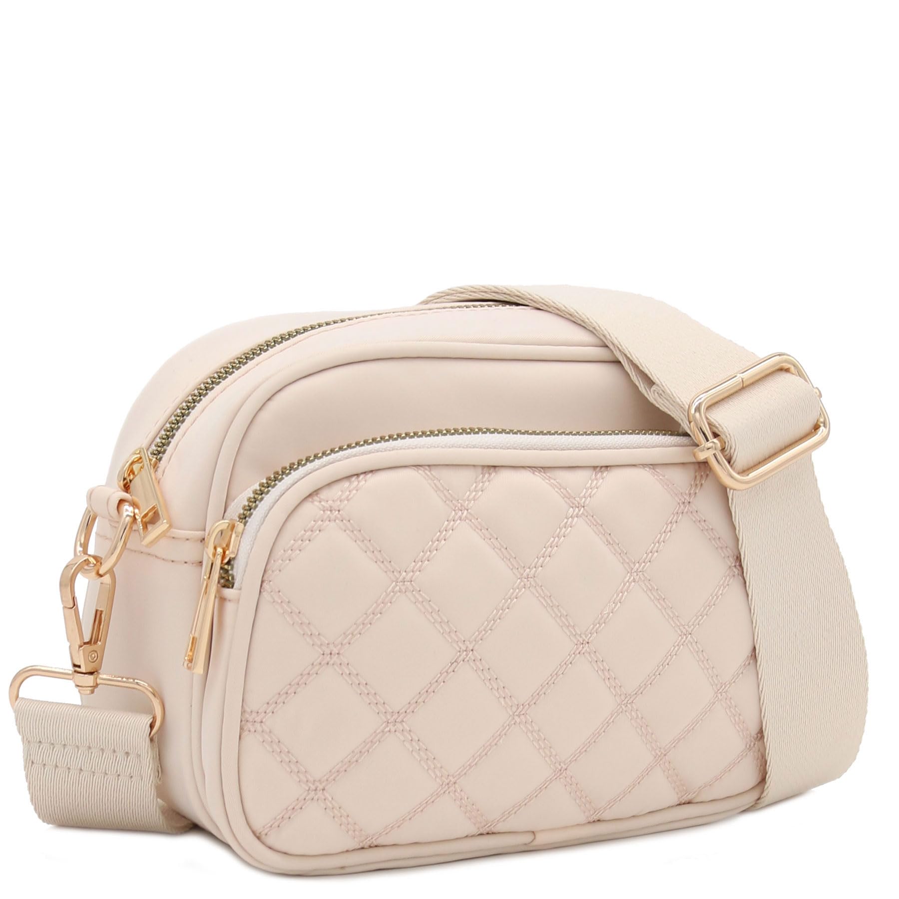 Live At Space - Quilted Nylon Crossbody Bag With Wide Strap Dimensions: 7.5" (W) x 5" (H) x 3.5" (D)Zipper closure, Nylon body &tone - Nude