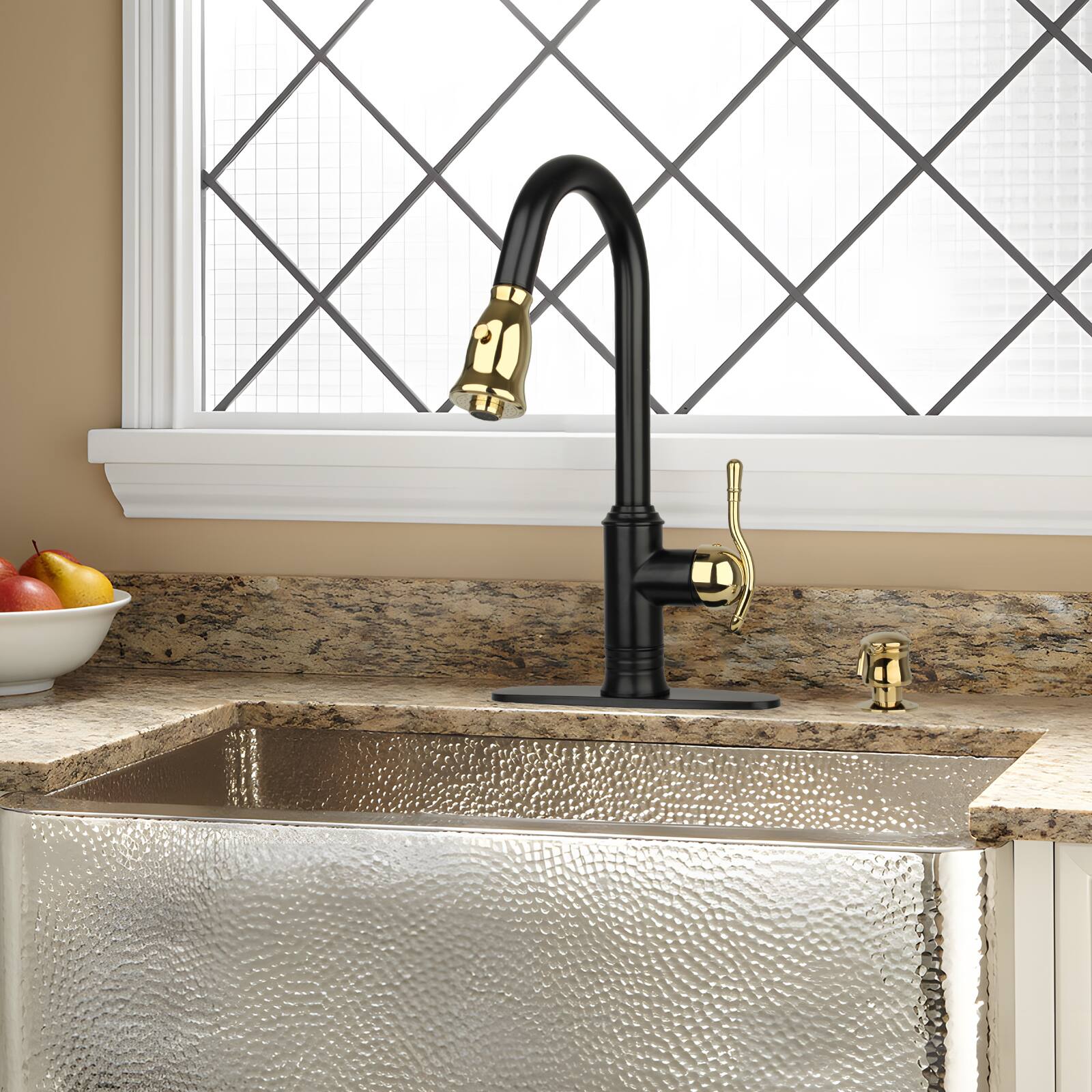 Alt View 5. Akicon - Akicon Solid Brass Single Handle Kitchen Faucet with Pull Down Sprayer in Matte Black & Gold - Matte Black & Gold.
