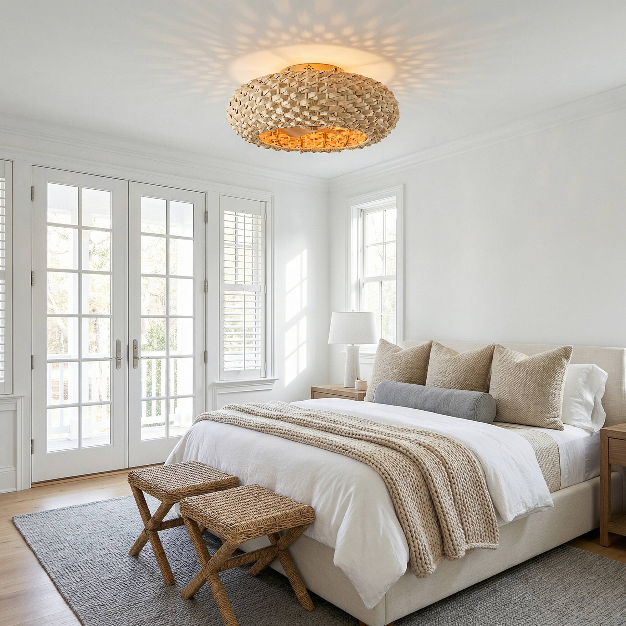 Back. Vaczon - 20" Ceiling Fan with Light and Remote, Flush Mount Low Profile Rattan Ceiling Fan, 6-Speed, Woven Bamboo Shade - Natural Bamboo / Gold.