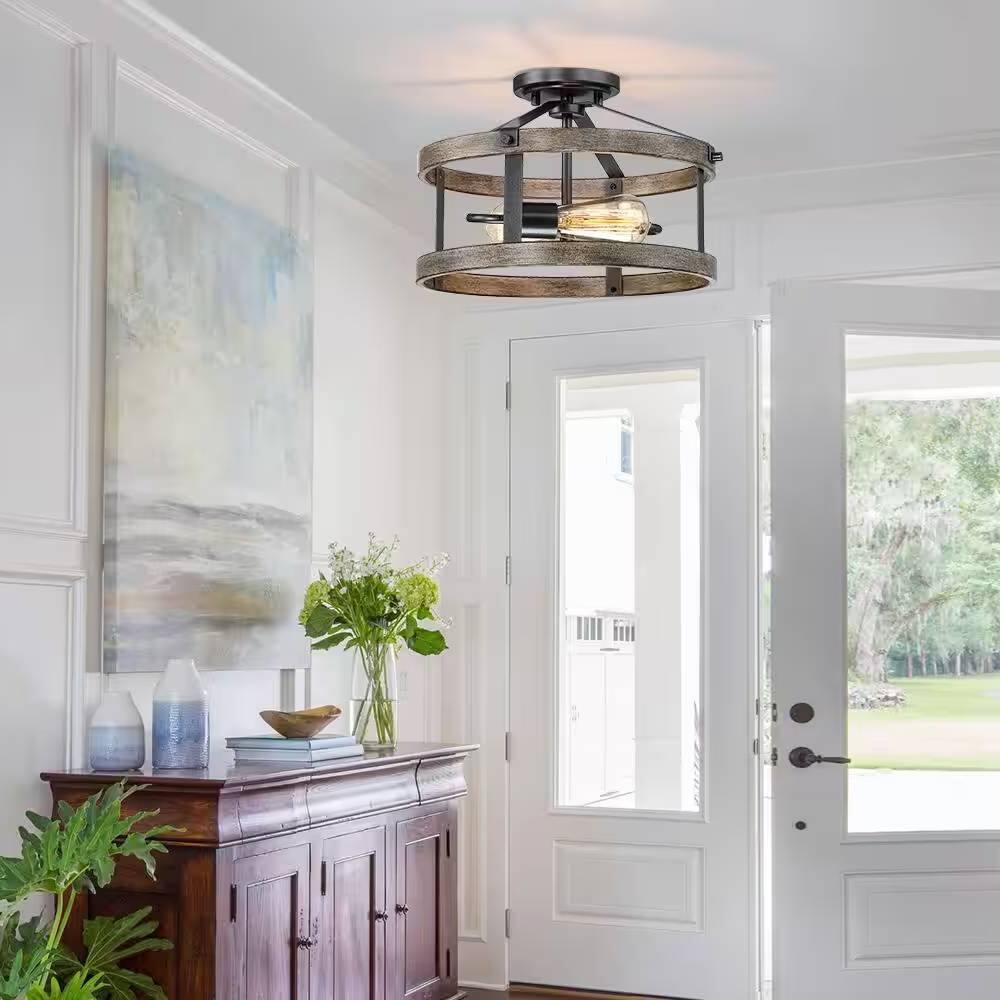 Back. Hivvago - Round 13-inch Metal Wood Farmhouse 2-Light Ceiling Lamp - Semi-Flush Mount - Rustic Brown.