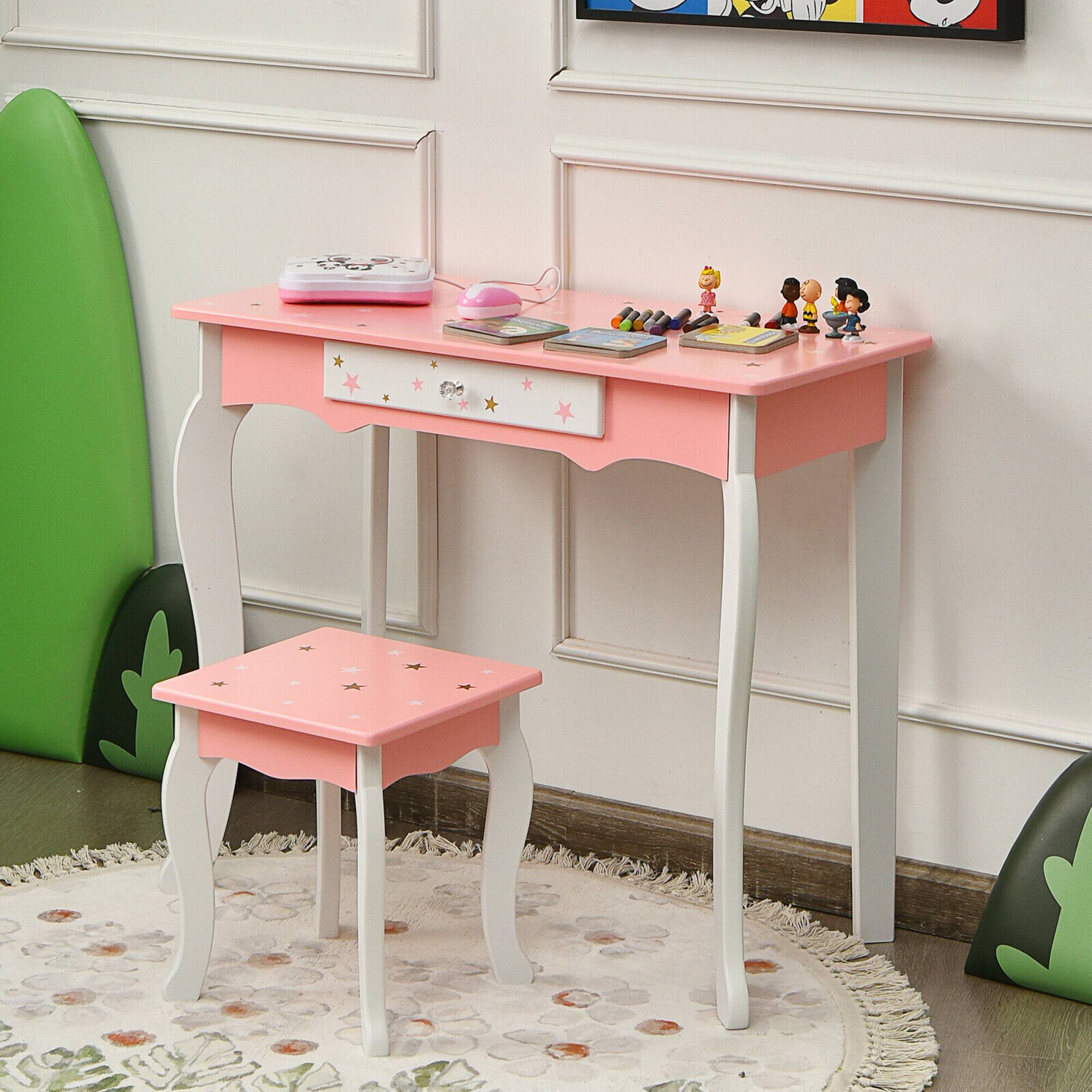 Alt View 3. Costway - Costway Kids Vanity Princess Makeup Dressing Table Chair Set W/ Tri-folding Mirror - Pink.