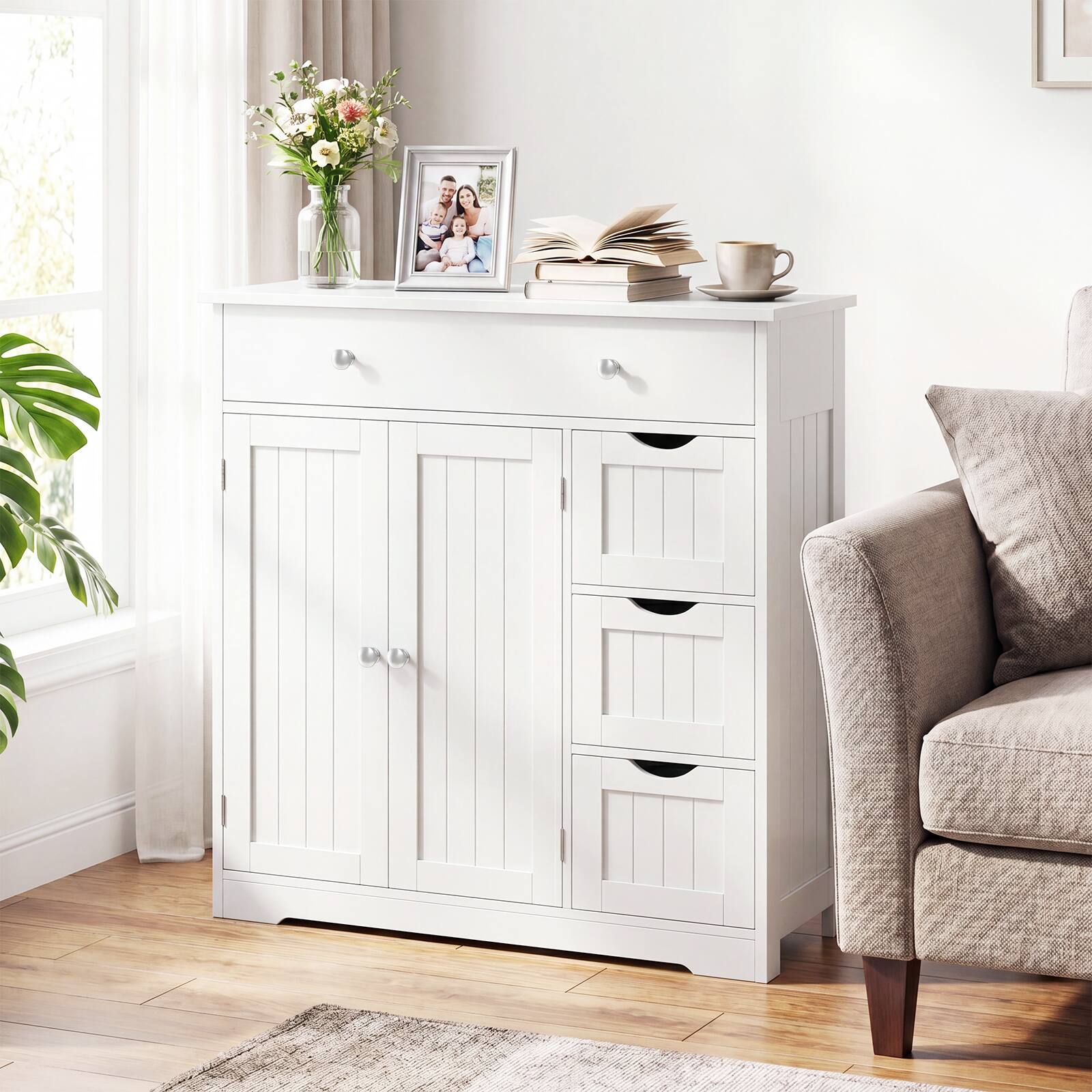 Alt View 1. Gymax - Gymax Bathroom Floor Cabinet Storage Cabinet w/4 Drawers2 Doors&Adjustable Shelf White - White.