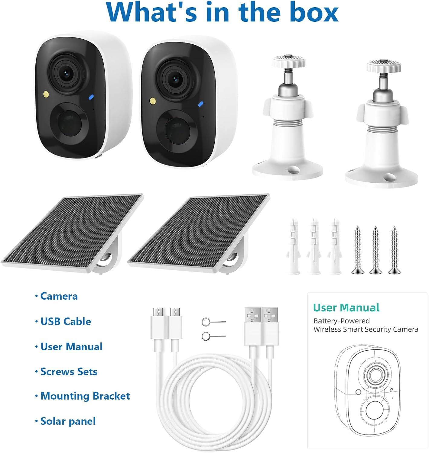 What's in the box

- Camera
- USB Cable
- User Manual
- Screws Sets
- Mounting Bracket
- Solar panel