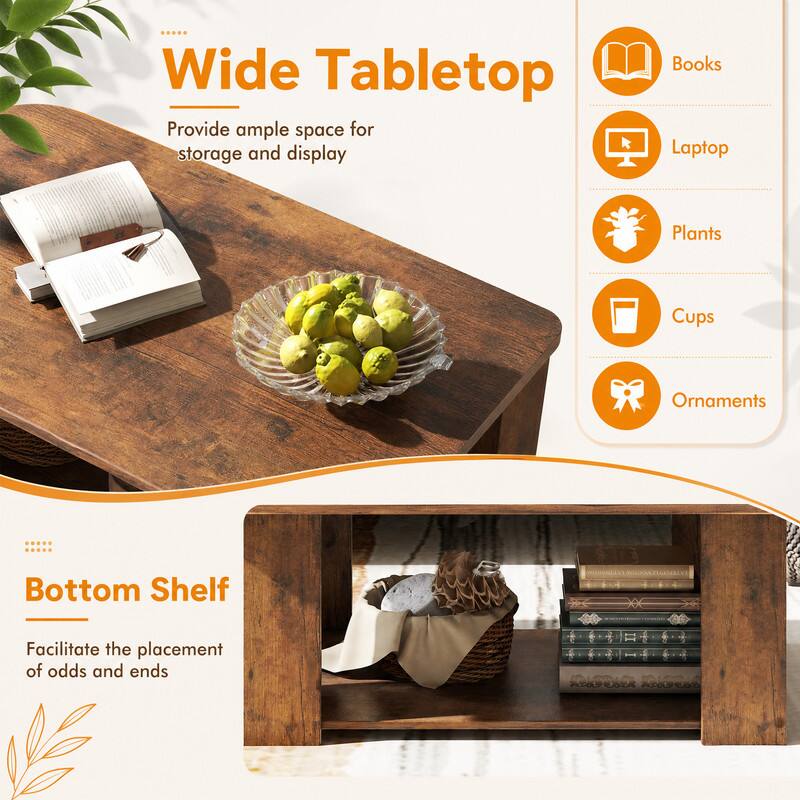 Wide Tabletop  
Provide ample space for storage and display  
Books  
Laptop  
Plants  
Cups  
Ornaments  

Bottom Shelf  
Facilitate the placement of odds and ends