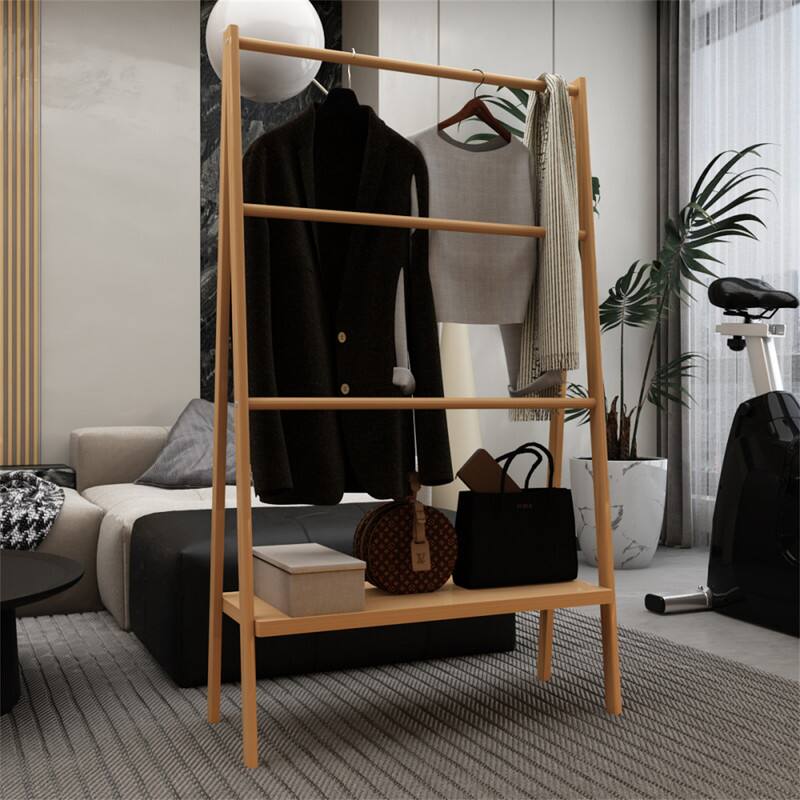Angle. ALEXOUN - Bamboo Ladder Towel Rack with Storage Shelf - 30.16" x 12.01" x 51.69", Bamboo, Chinese Style, Suitable for Bathroom - Neutral.
