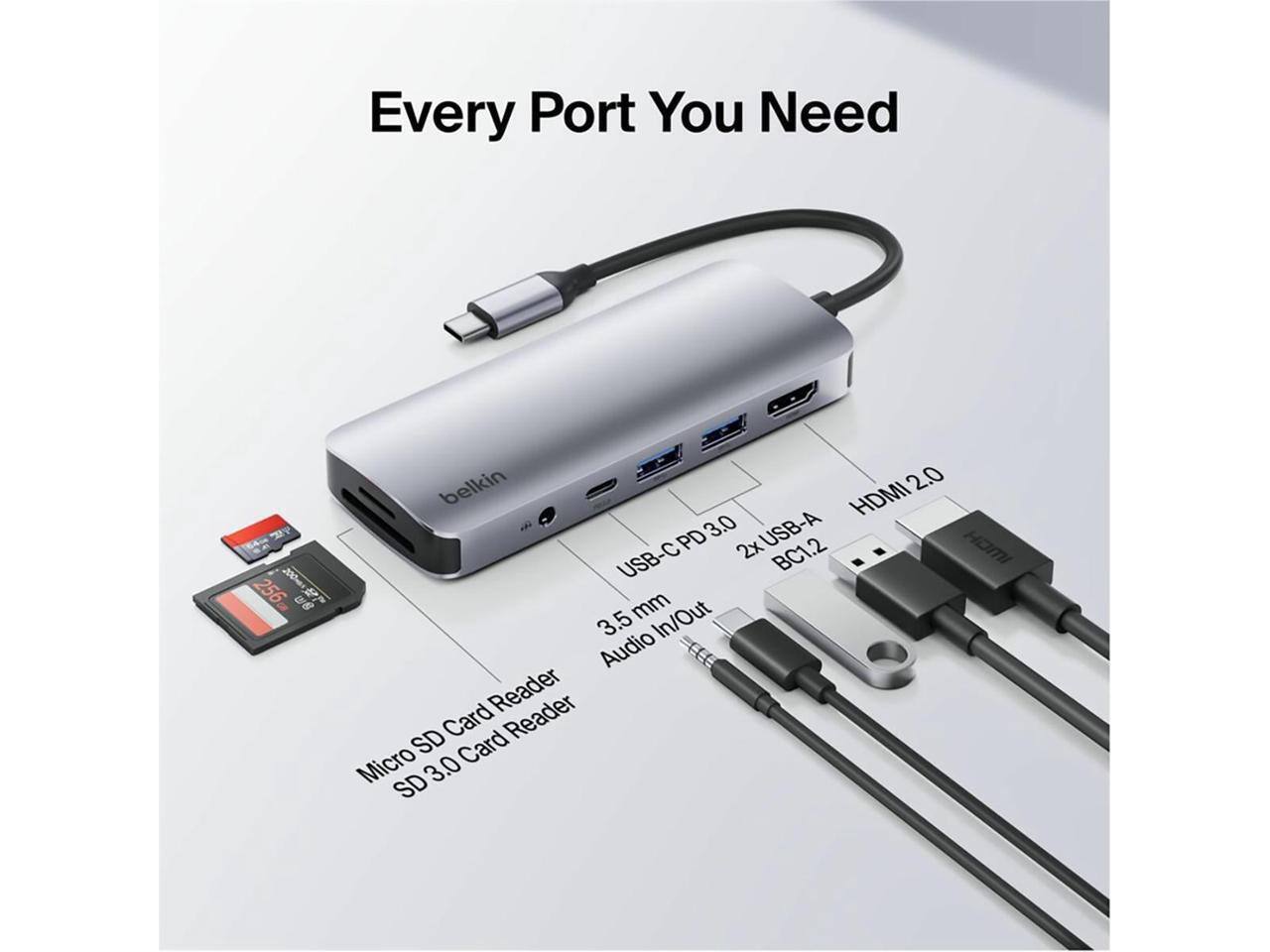 Every Port You Need

belkin 2.0 A- HDMI 2.0
PD 3.0
2x USB-A
USB-C
2x BC1.2
2x HDMI
3.5 mm Audio In/Out
Micro SD Card Reader
SD Card Reader