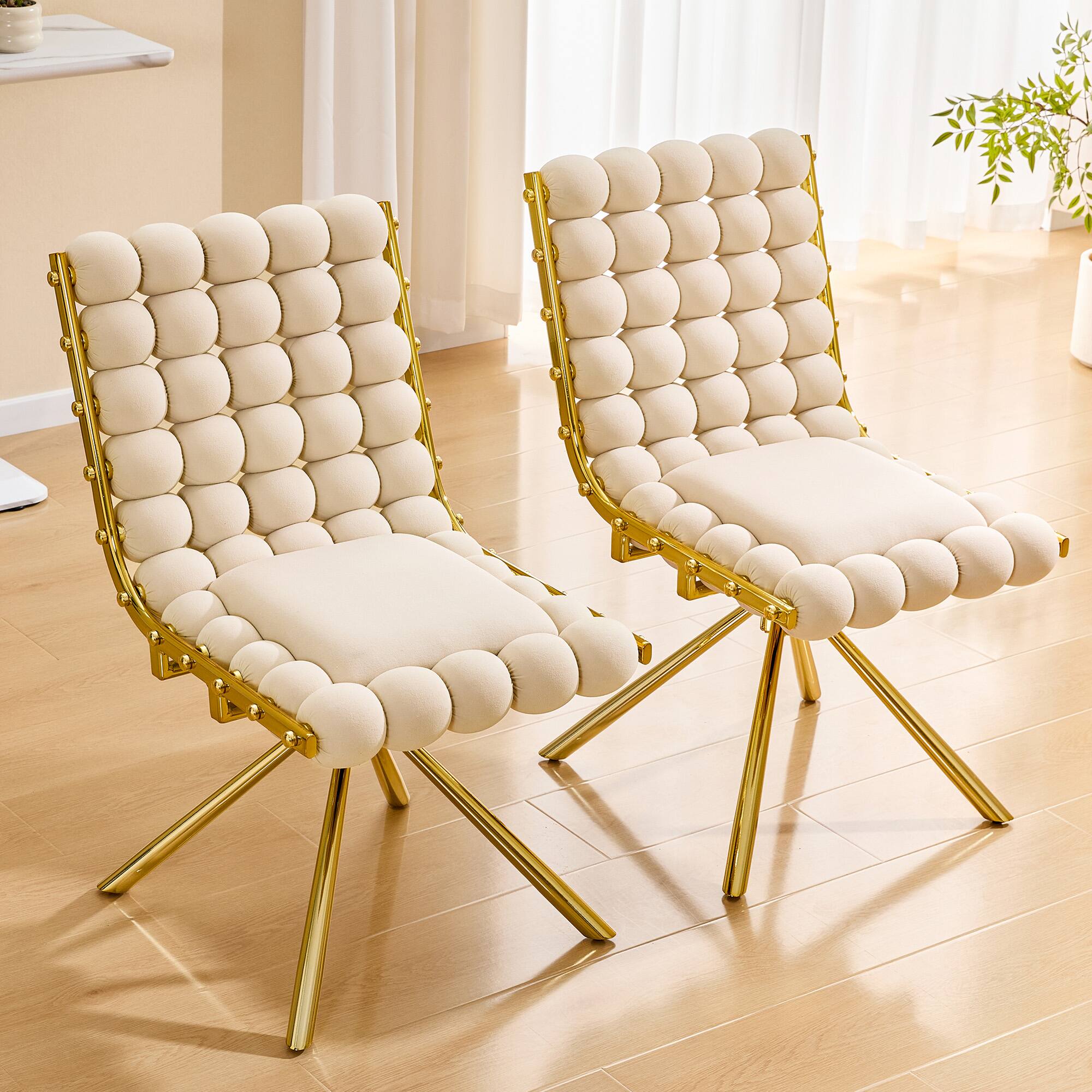 Angle. Loheer - Loheer Swivel Accent Chair Cream Velvet Bubble Tufted Armless Dining Chair with Gold Metal Frame, 1.63 ft - Beige,Gold.