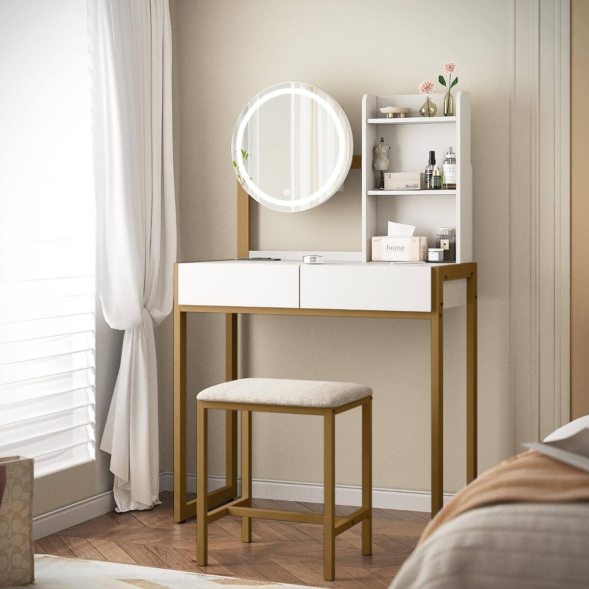 Loheer Small Vanity Desk with Mirror and Lights, Makeup Table with ...
